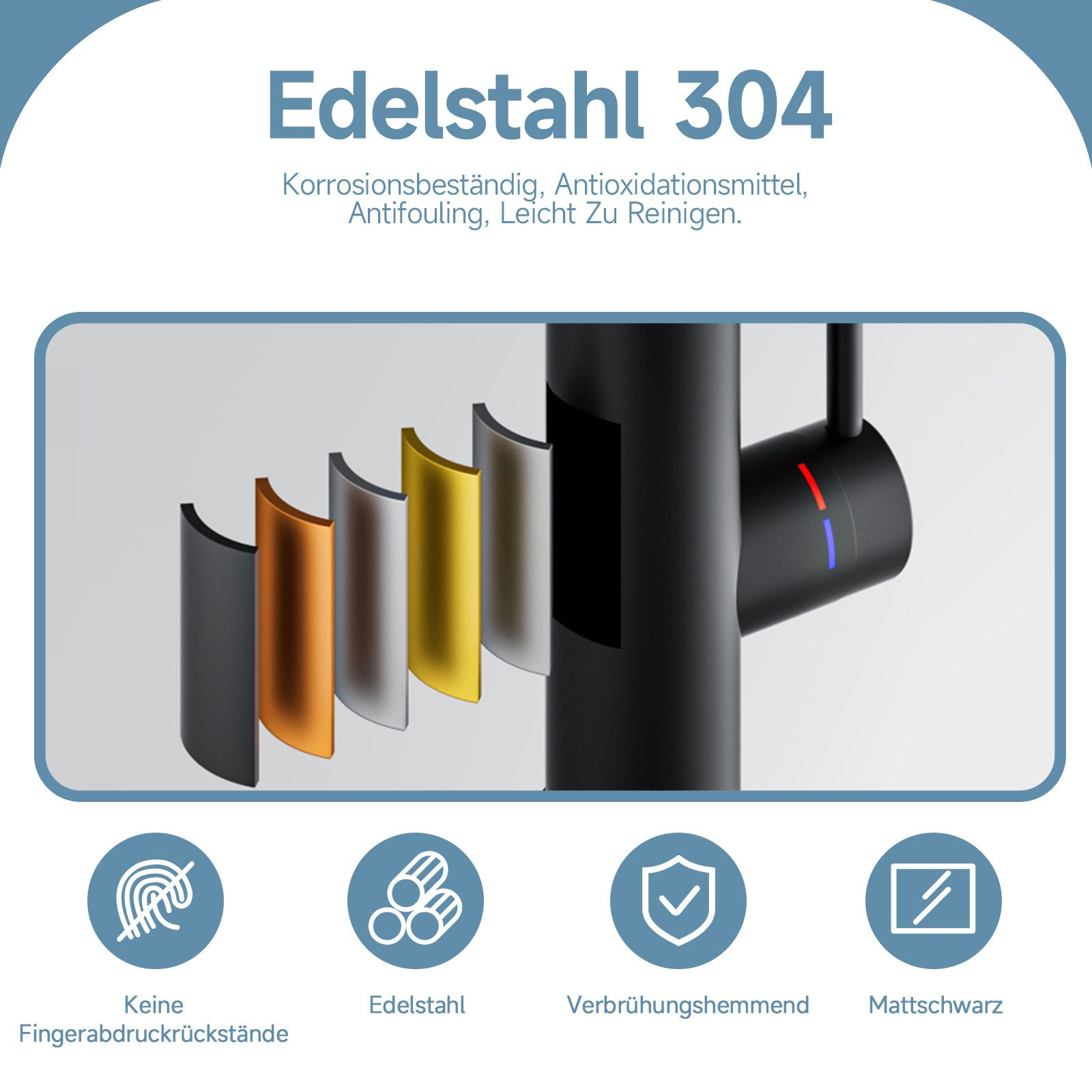 Ein schwarzer Wasserhahn mit farbigen Metallmustern und Symbolen, die Eigenschaften zeigen.