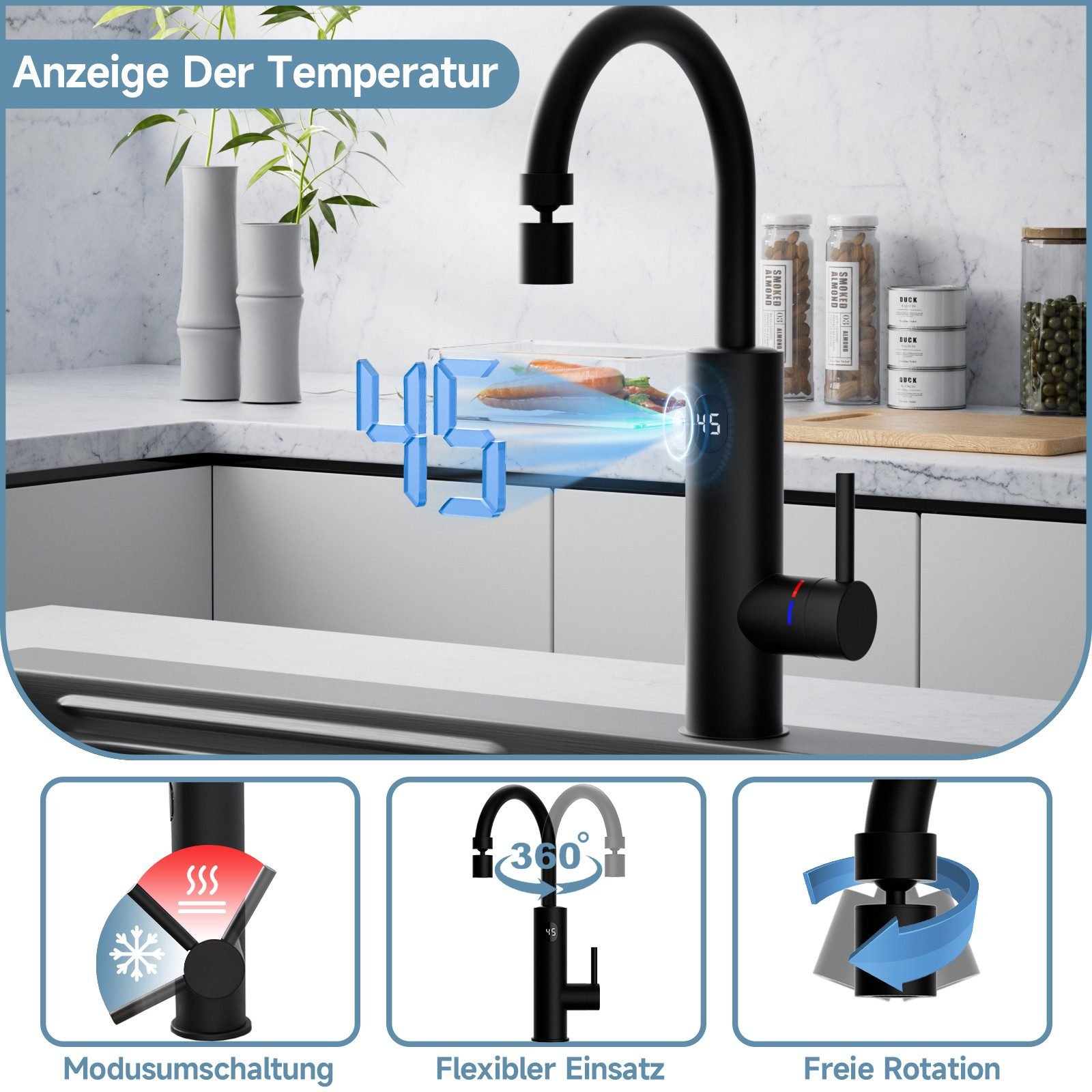 Ein schwarzer Wasserhahn mit digitaler Temperaturanzeige. Icons unten zeigen Modus, Flexibilität und Drehung.