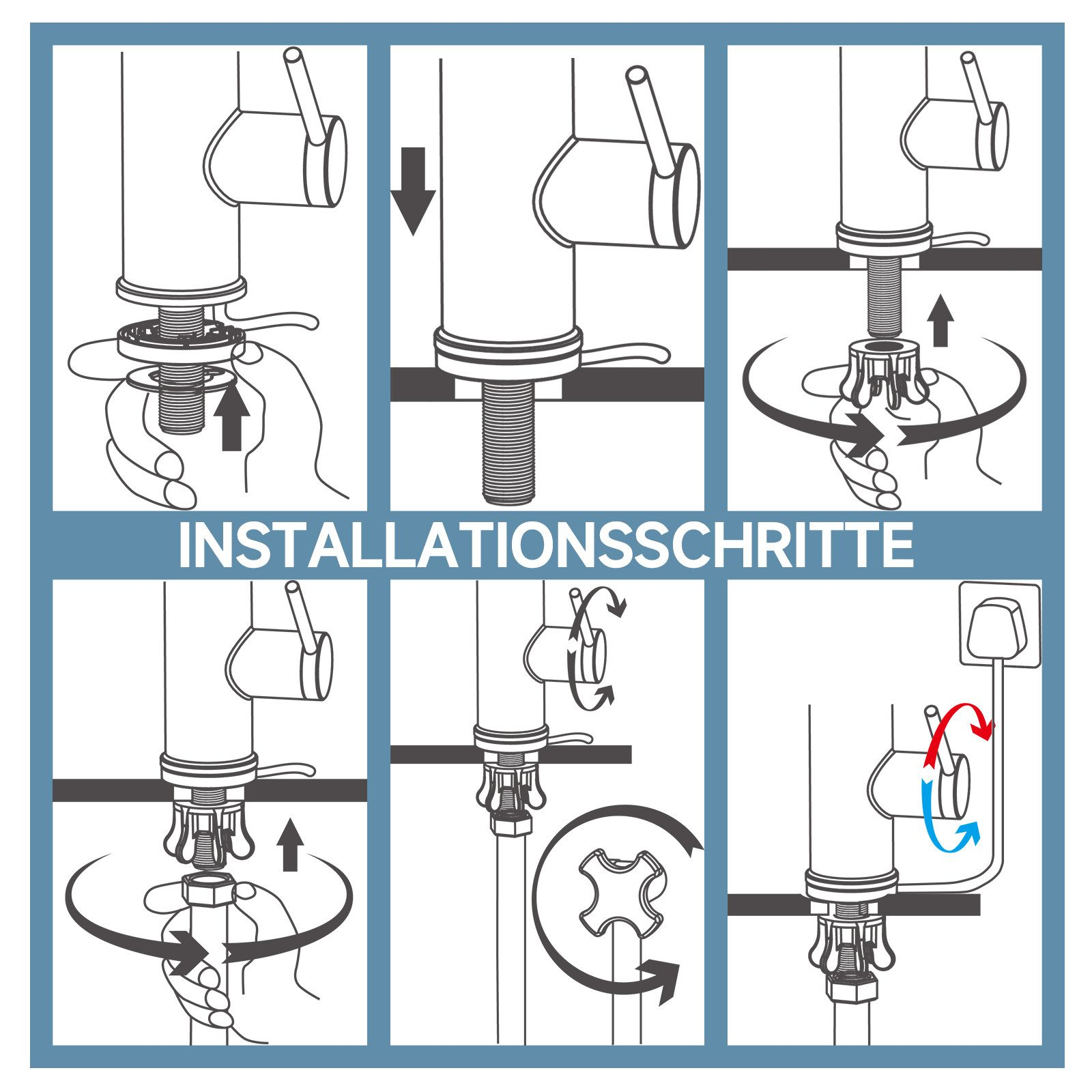 Installationsschritte eines Wasserhahns, die den Montageprozess mit Pfeilen zeigen, die die Richtung angeben.