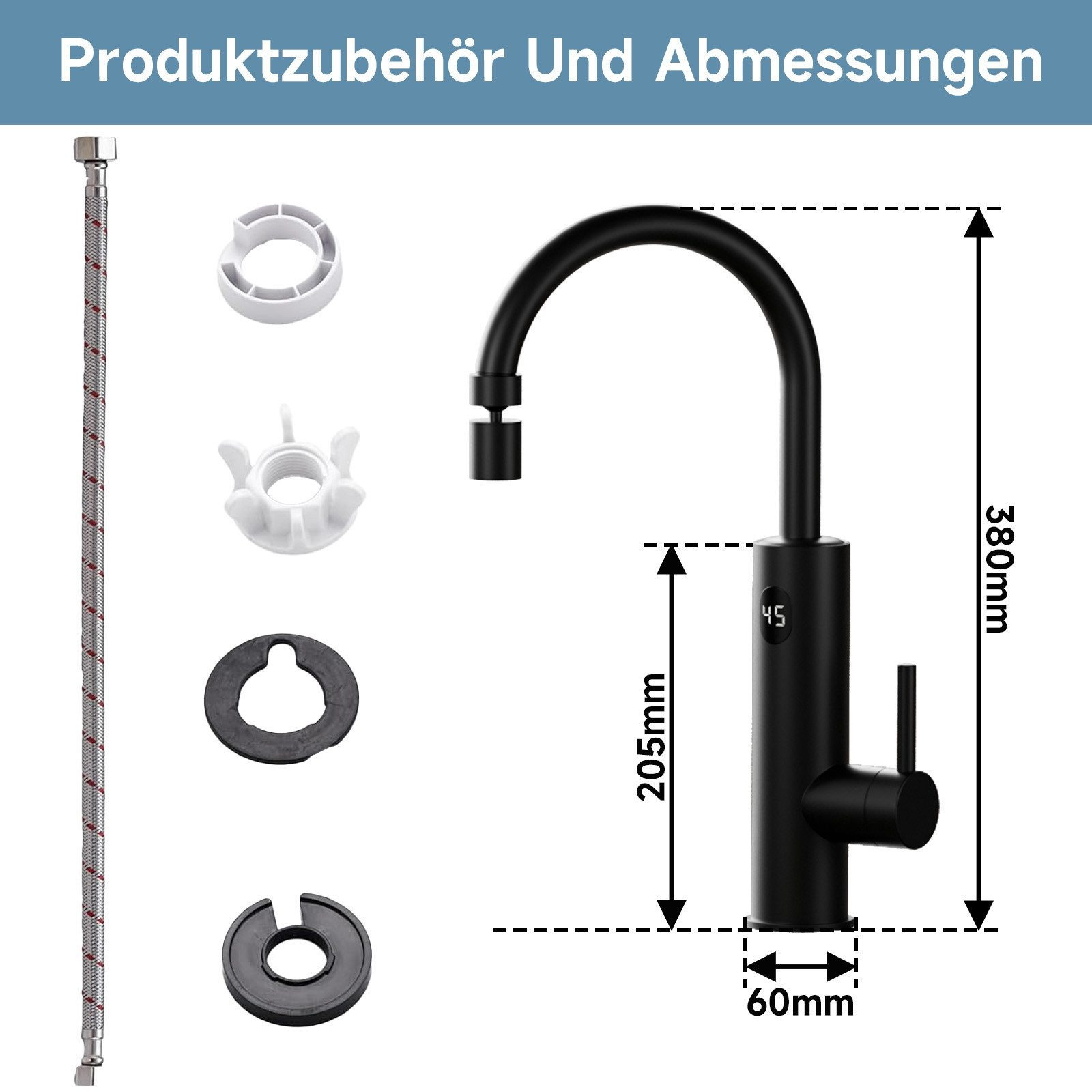 Diagramm eines schwarzen Küchenwasserhahns mit Maßen und Komponenten, einschließlich Schlauch und Montageteilen.