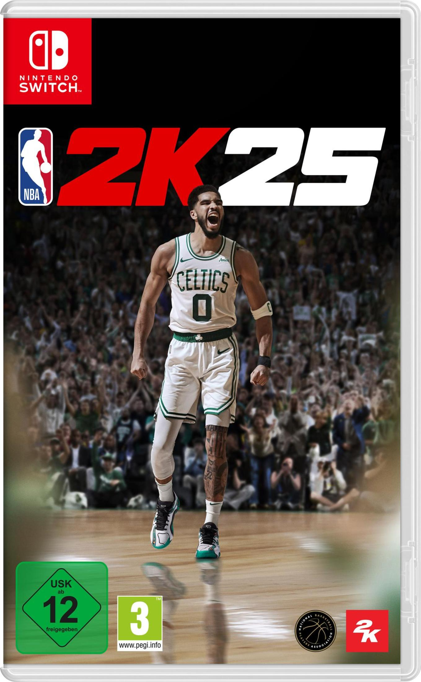NBA 2K25-Spielcover. Jayson Tatum im Celtics-Trikot. Menge im Hintergrund. Nintendo Switch-Logo oben links.