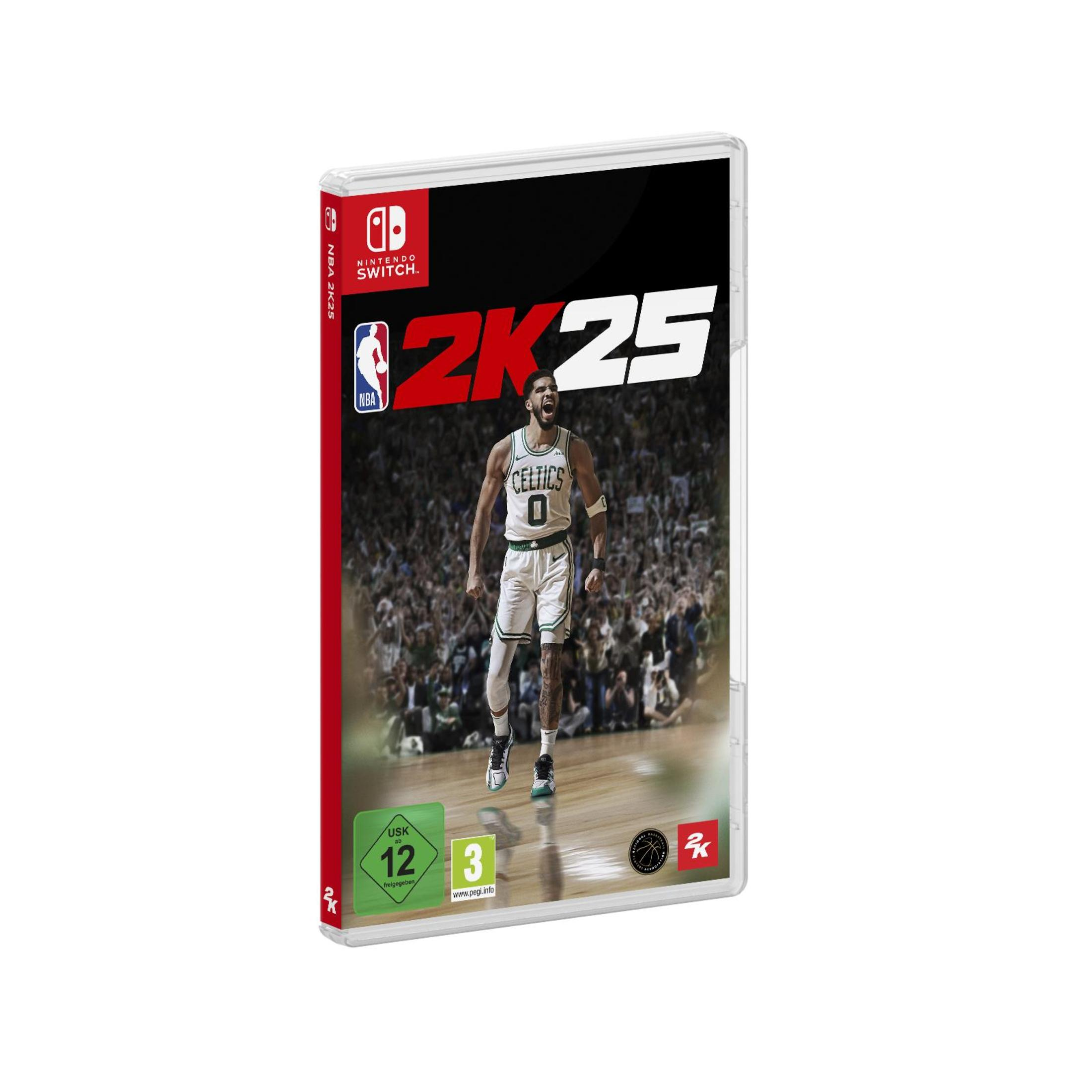 NBA 2K25 Spielhülle für die Nintendo Switch. Enthält einen Basketballspieler auf dem Cover, schwarzer Hintergrund.