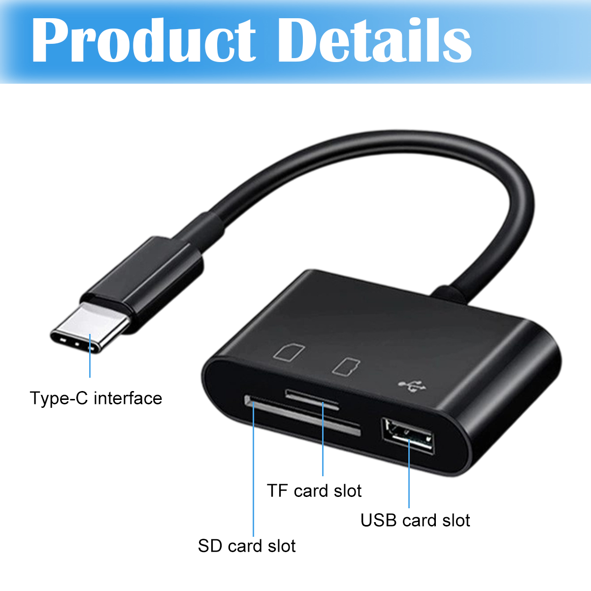 Lettore di schede nero con connettore USB-C, slot per schede TF, slot per schede SD e porta USB. Sfondo bianco.