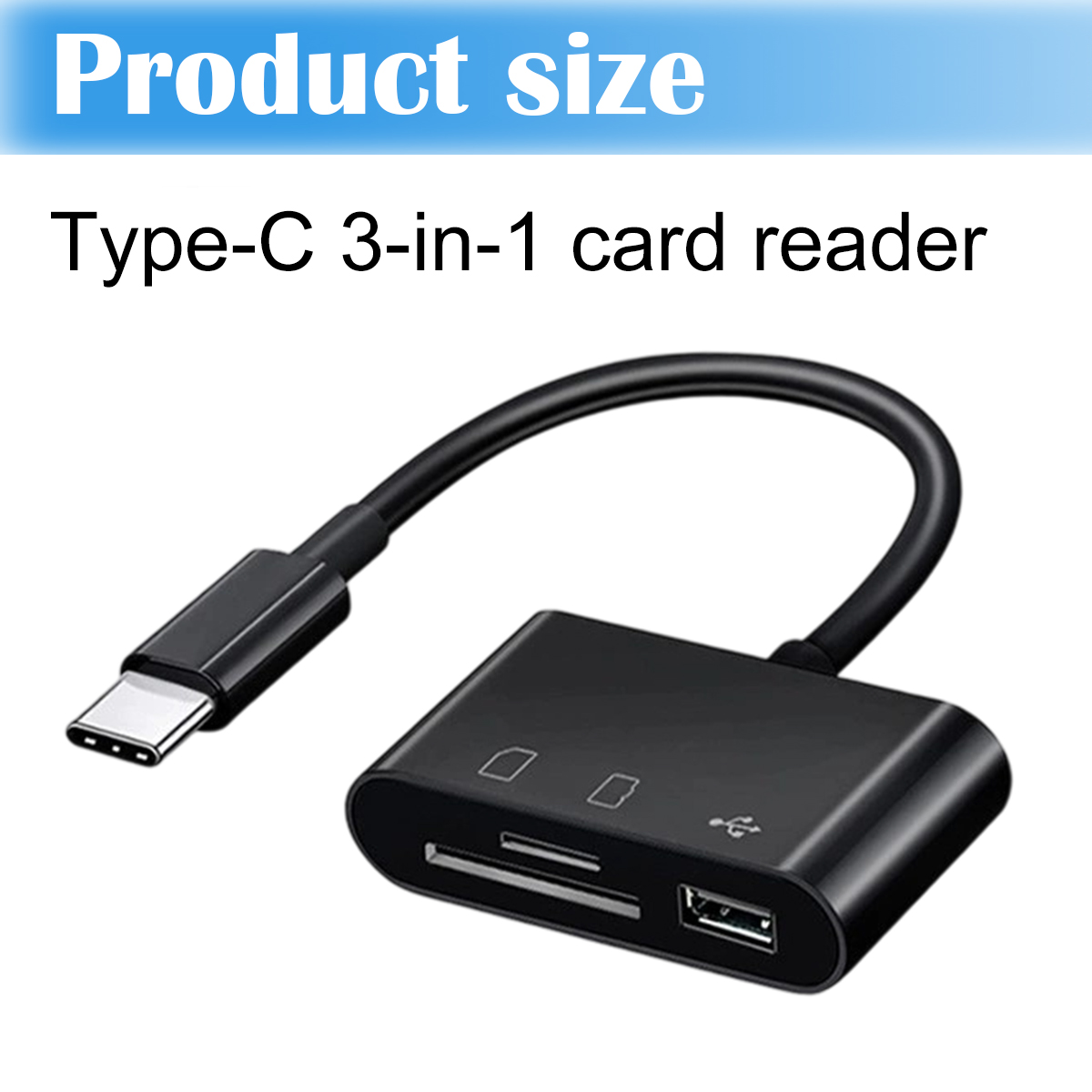 Un lettore di schede 3 in 1 Type-C nero. Ha una porta USB, uno slot per schede SD e un connettore USB-C.