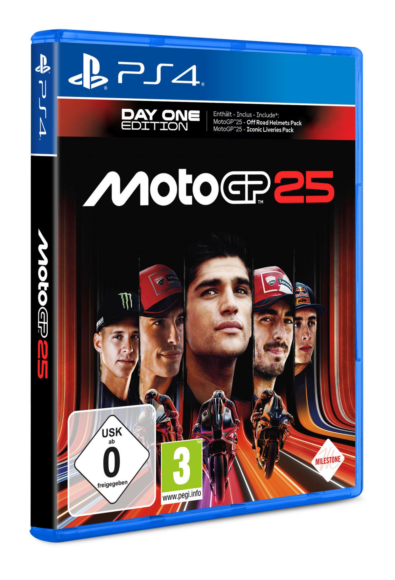 Spielbox für PS4, Gesichter von Rennfahrern, Titel 'MotoGP 25' und USK-Rating-Label.