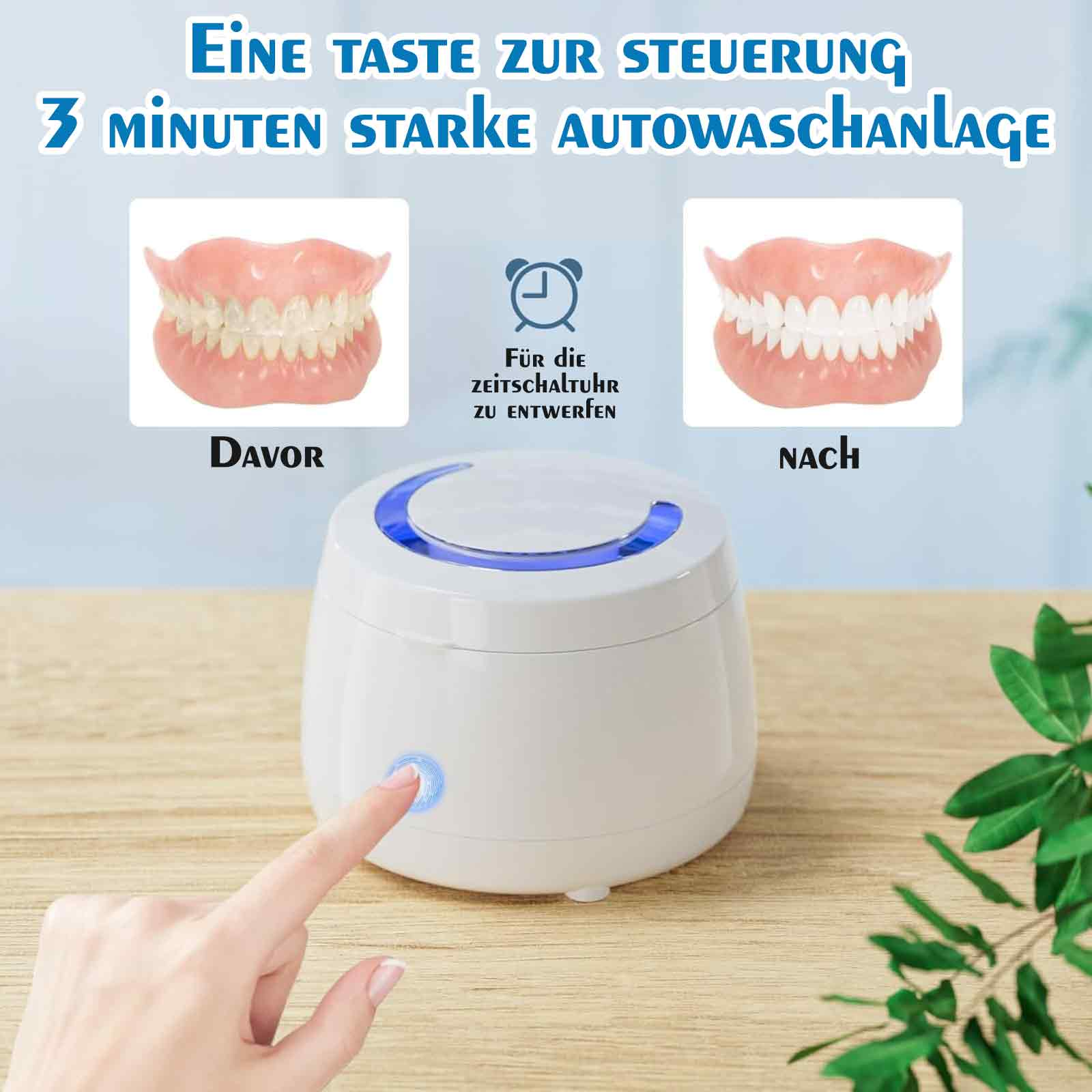 Ein Gerät zur Reinigung von Zahnersatz, das Vorher- und Nachher-Bilder zeigt.