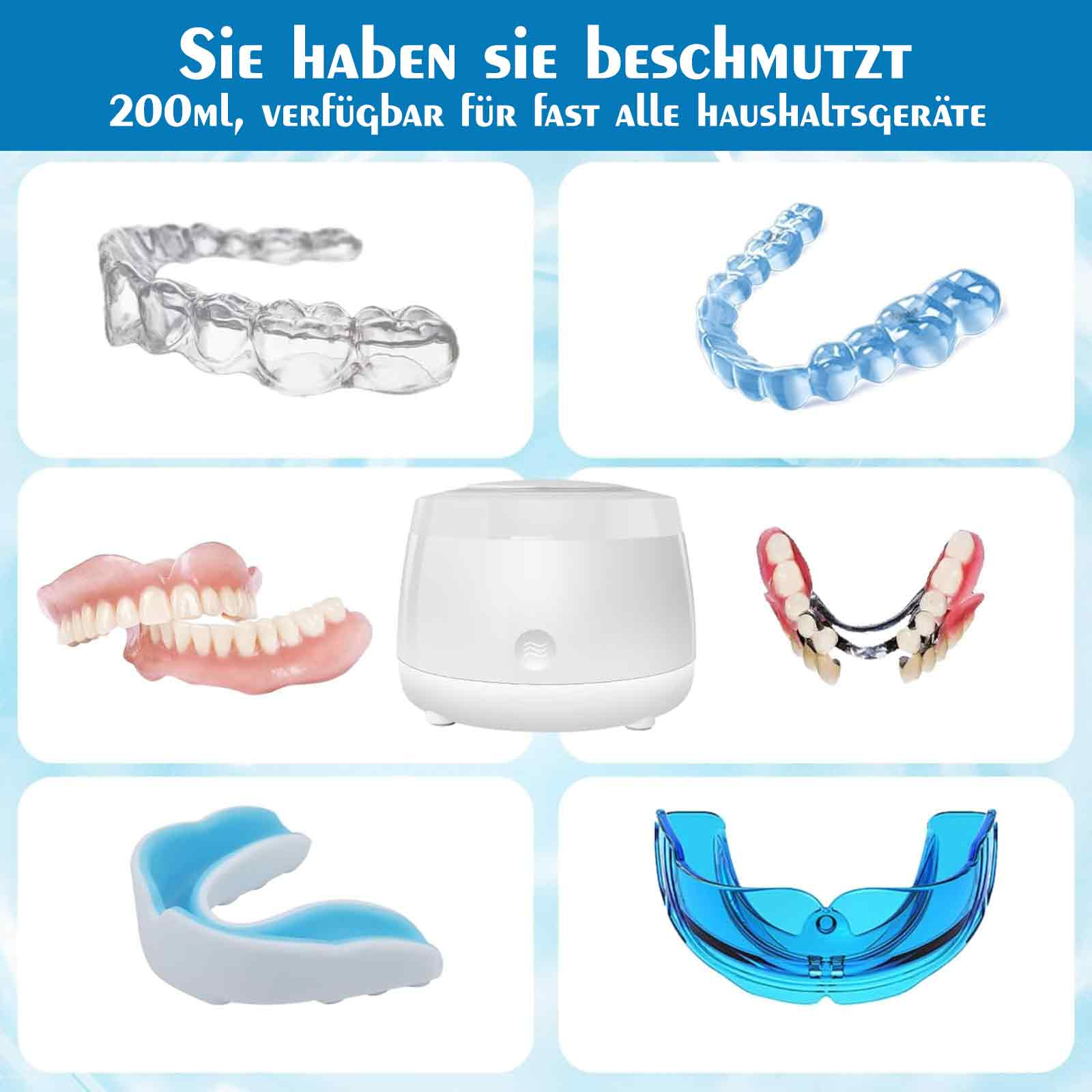 Verschiedene Zahnapparate, darunter Retainer, Prothesen und Mundschutz, auf einer Oberfläche dargestellt.
