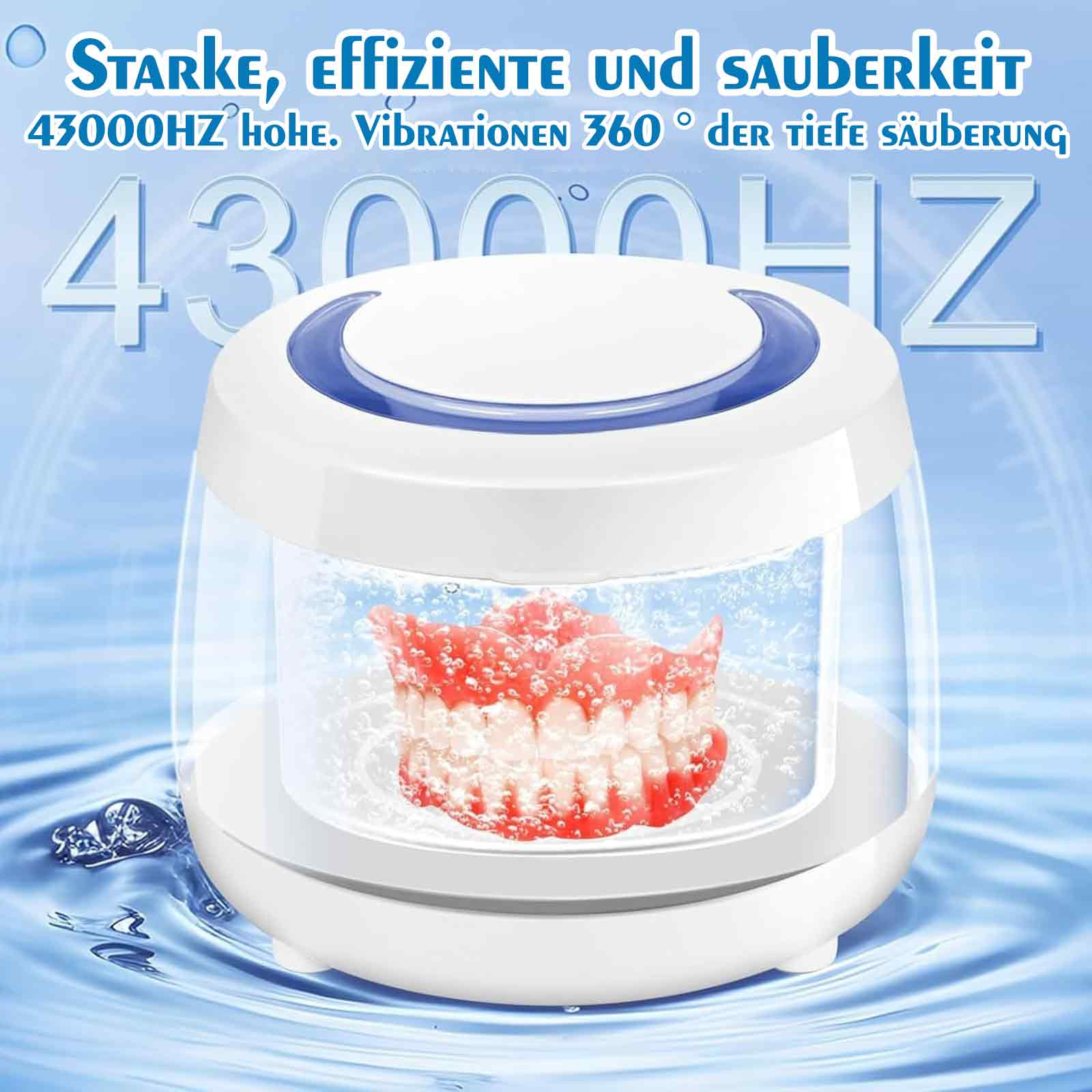 Ein weißes Reinigungsgerät mit einer Zahnprothese, Text hebt 43000 Hz Vibrationen hervor.