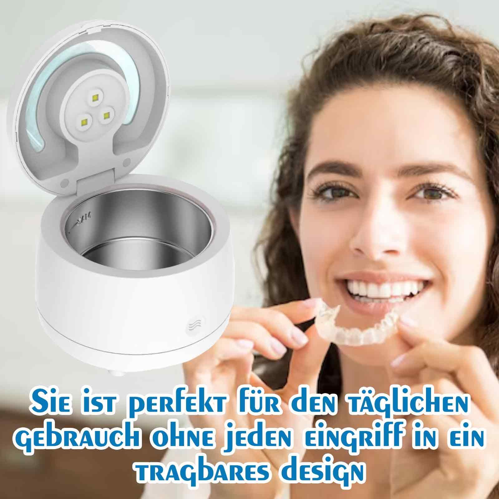 Frau hält Aligner, Gerät mit UV-Licht zur Reinigung von Alignern wird gezeigt.
