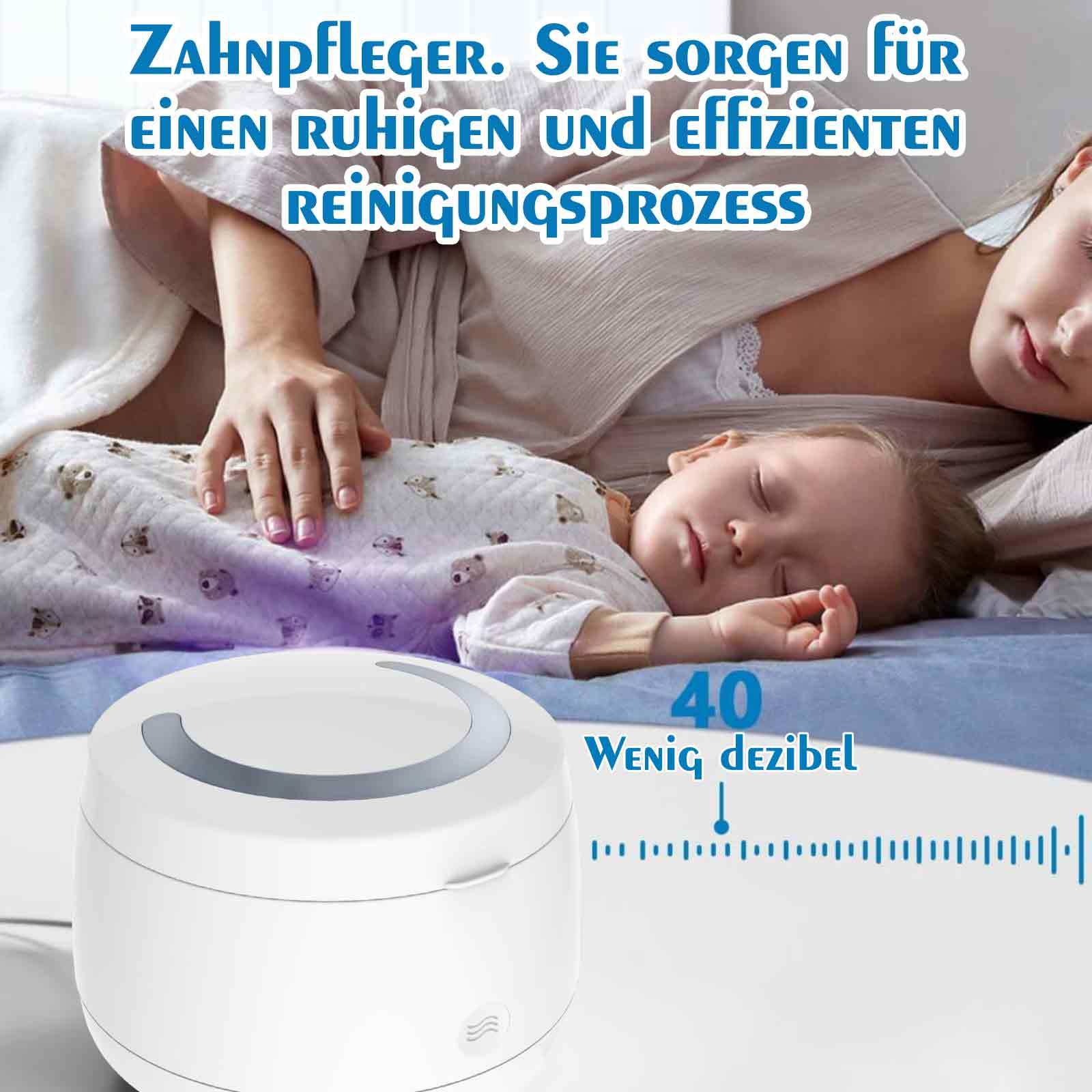 Ein schlafendes Baby und eine Frau, mit einem weißen Gerät, das blaues Licht ausstrahlt, für Zahnersatzreinigung.