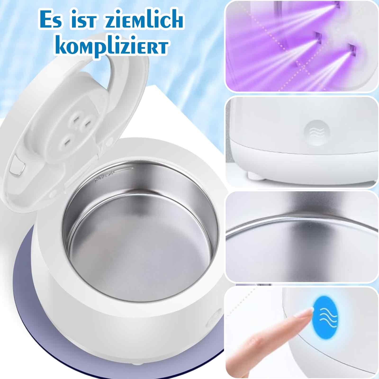 Innenansicht eines Reinigungsgeräts mit UV-Lichtern, Details und einem Touch-Steuerungsknopf.