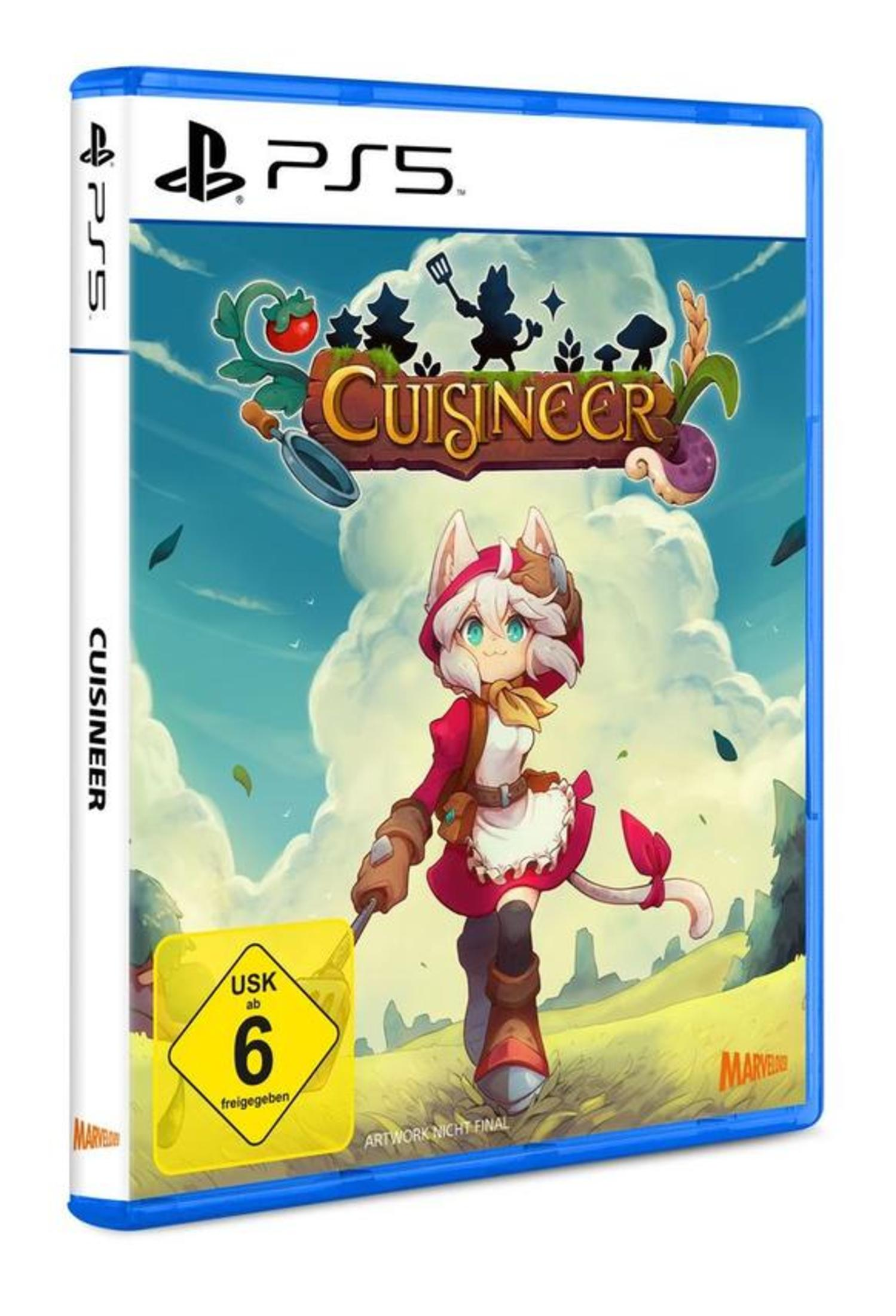 Copertina del gioco: Una ragazza con le orecchie da gatto in abito rosso tiene un coltello, con il logo Cuisinier. Scatola PS5.