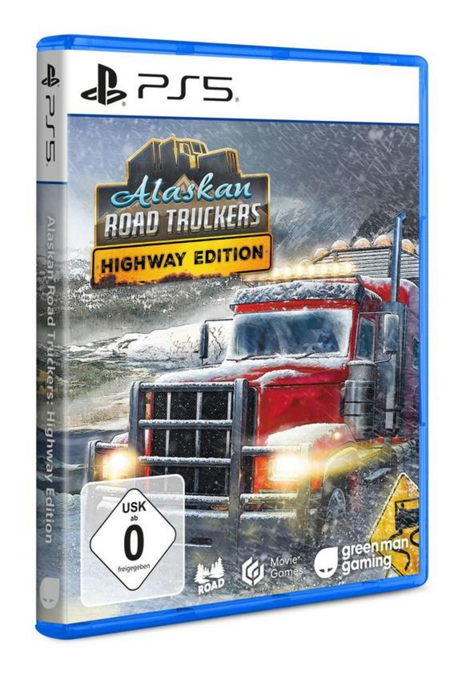Spielcover: Ein roter LKW auf einer verschneiten Straße. Das Spiel ist Alaskan Road Truckers: Highway Edition für PS5.