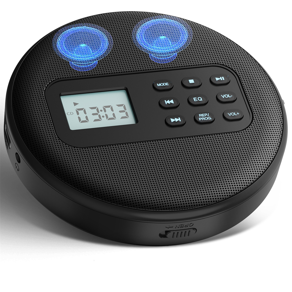 Schwarzer CD-Player mit Knöpfen und Display. Über dem Gerät befinden sich zwei blaue Kreise.