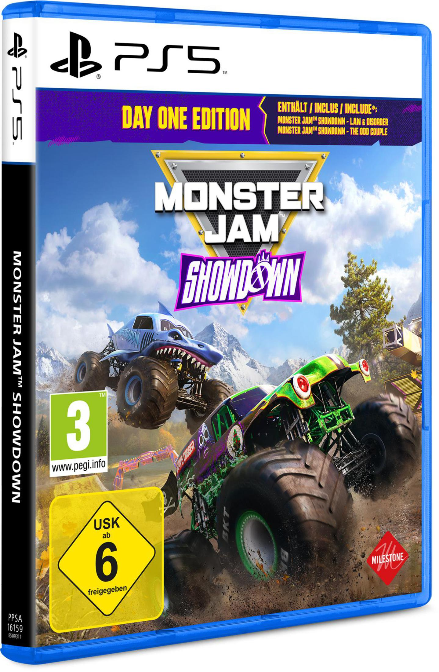 Spielcover: Monstertrucks mit Hai- und grünem Design. Das Spiel ist Monster Jam Showdown für PS5.