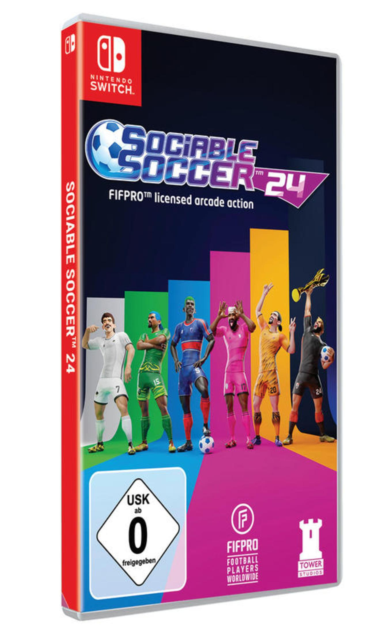 Nintendo Switch Spielbox-Art: Sociable Soccer 24 mit bunten Figuren von Fußballspielern.
