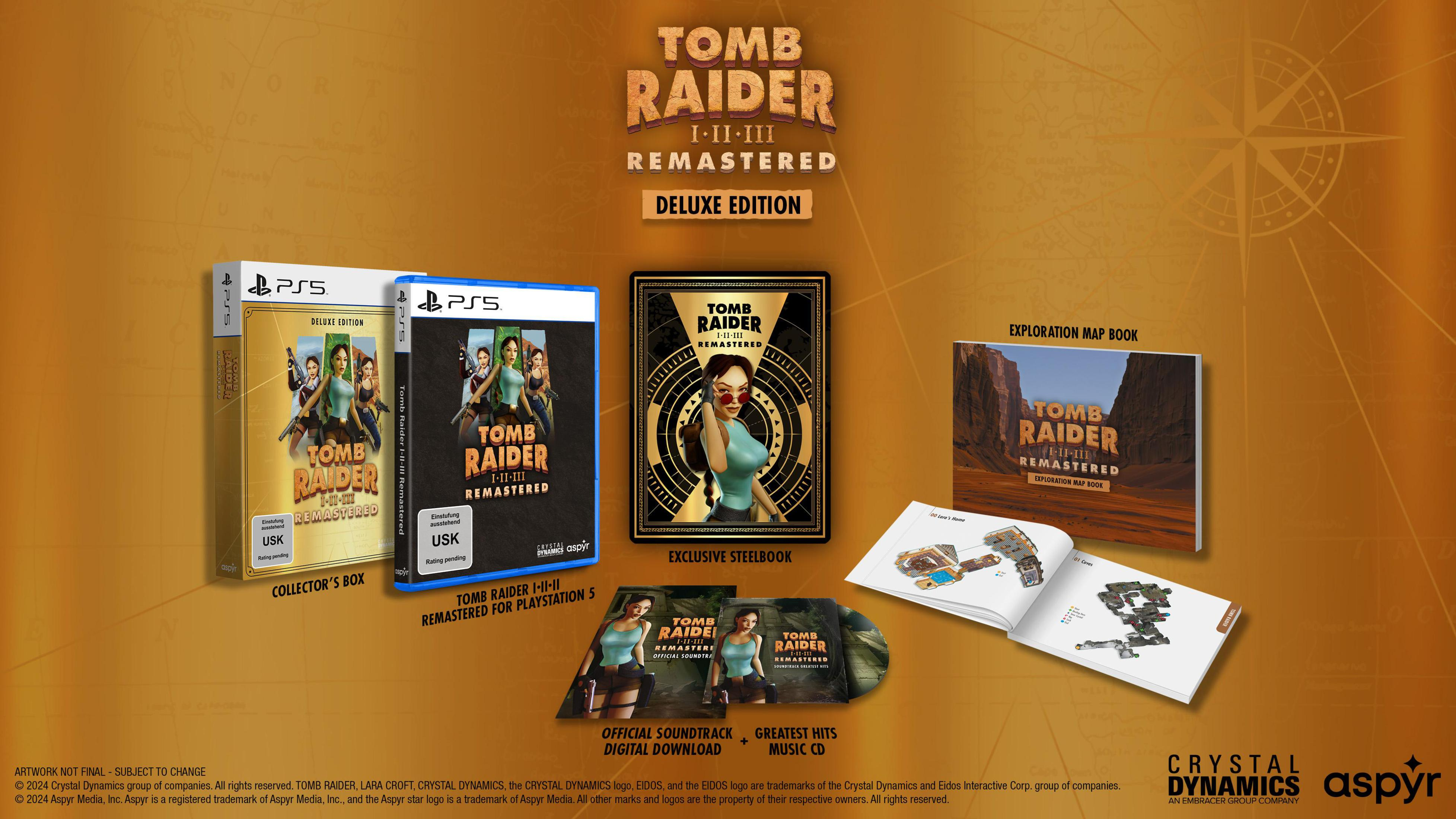 Tomb Raider I-II-III Remastered Deluxe Edition. Verschiedene Artikel: Spielhüllen, Soundtrack, Kartenbuch und Steelbook.