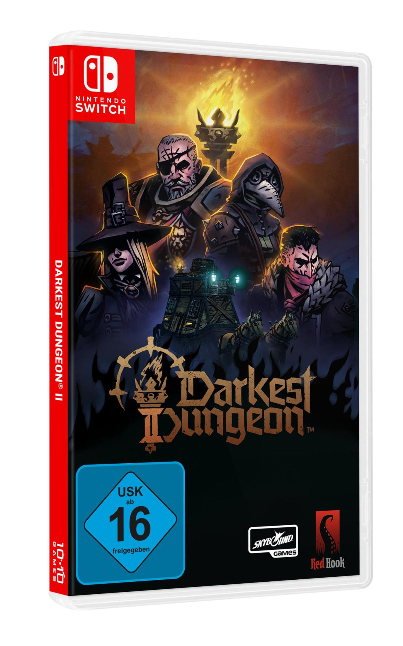 Darkest Dungeon II Spielbox. Zeigt vier Charaktere. Freigegeben ab 16 Jahren.