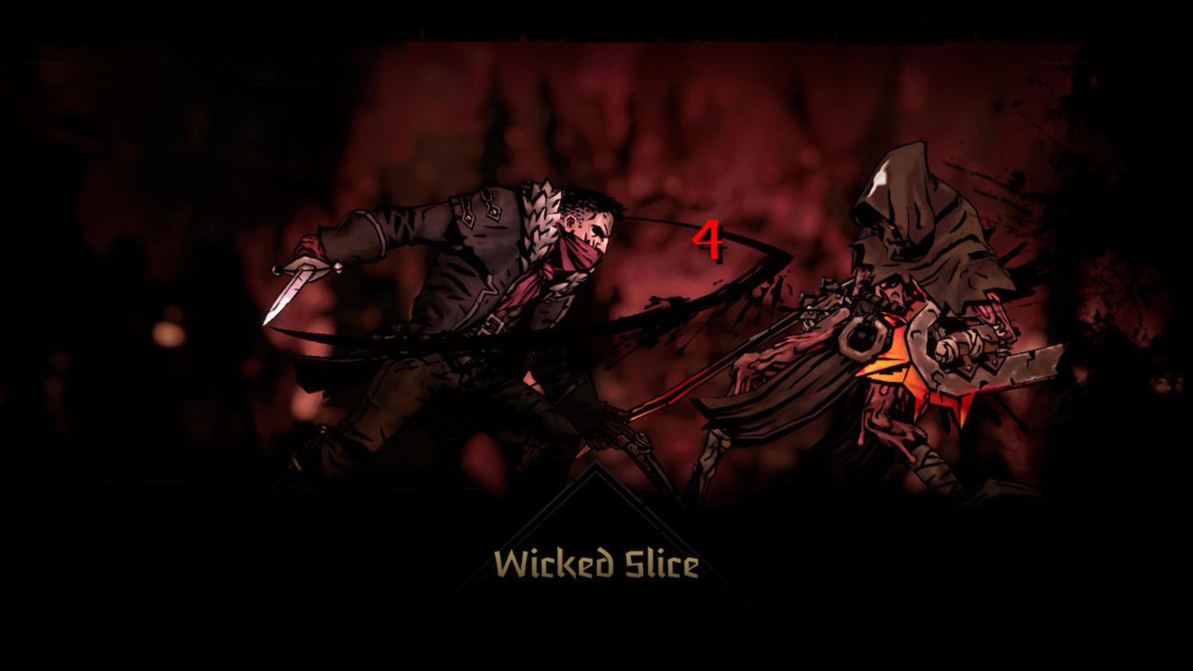 Dunkles, stilisiertes Bild eines Charakters, der einen anderen mit einem Messer angreift. Text: Wicked Slice.