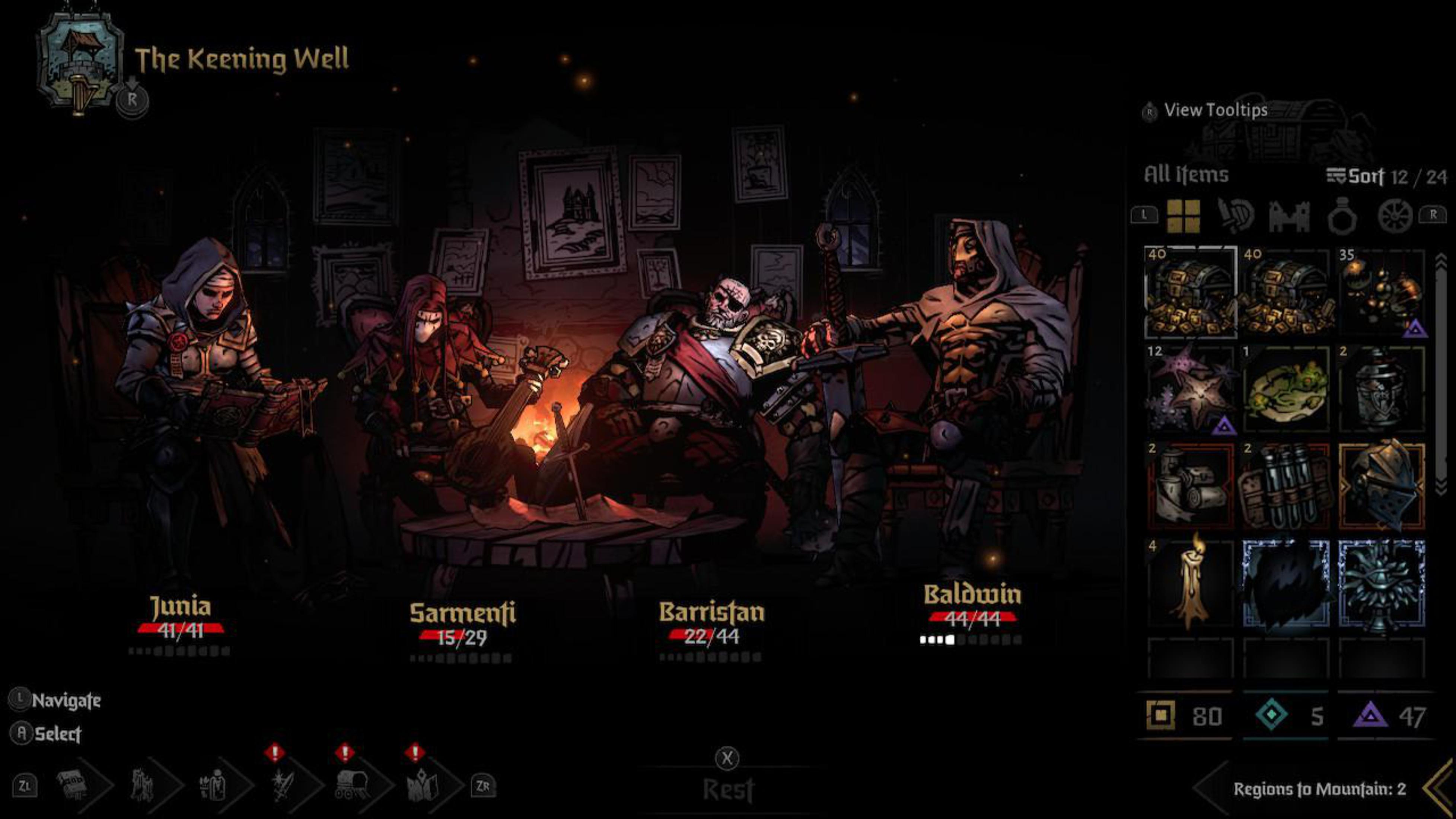 Screenshot aus einem Spiel. Vier Charaktere in einem Raum. Inventar und UI rechts angezeigt.