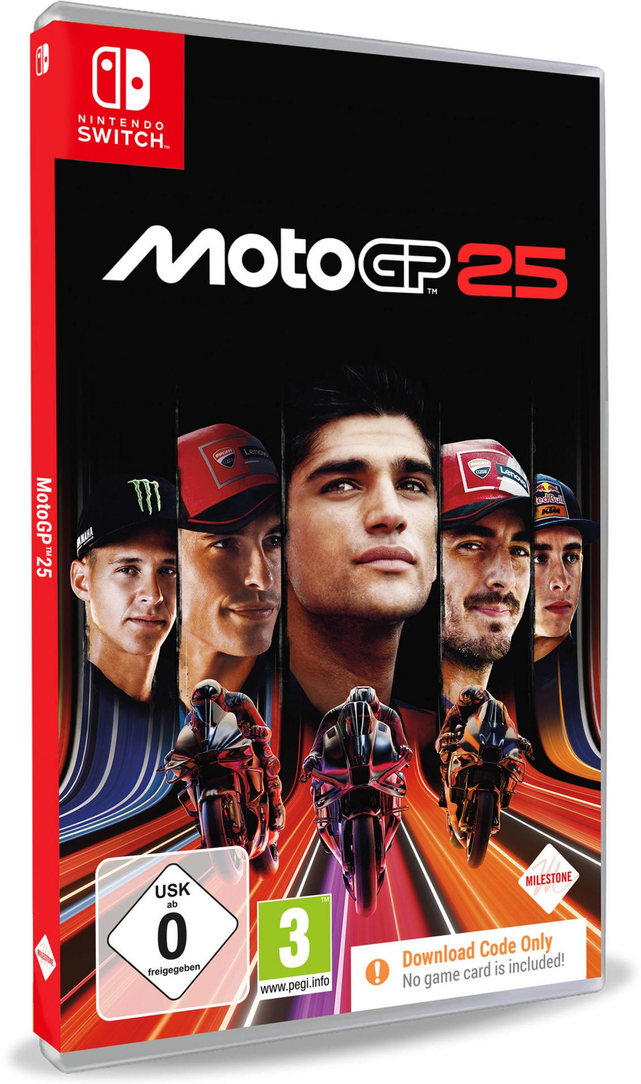 MotoGP 23-Spielcover, mit sechs Rennfahrern in Helmen, Motorräder vor dunklem, verschwommenem Hintergrund.