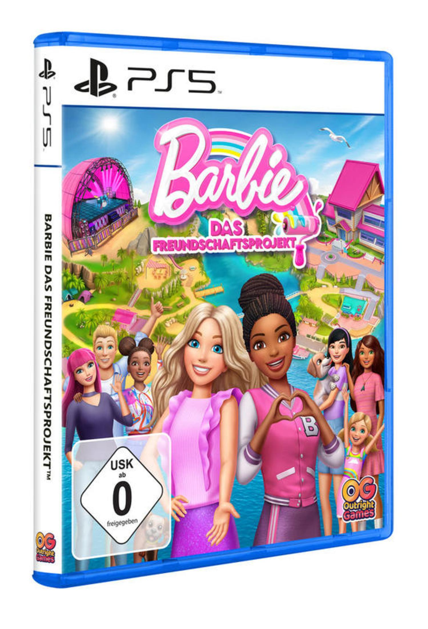 Barbie-Videospiel-Cover. Barbie und Freunde sind abgebildet. Der Hintergrund ist rosa und blau.