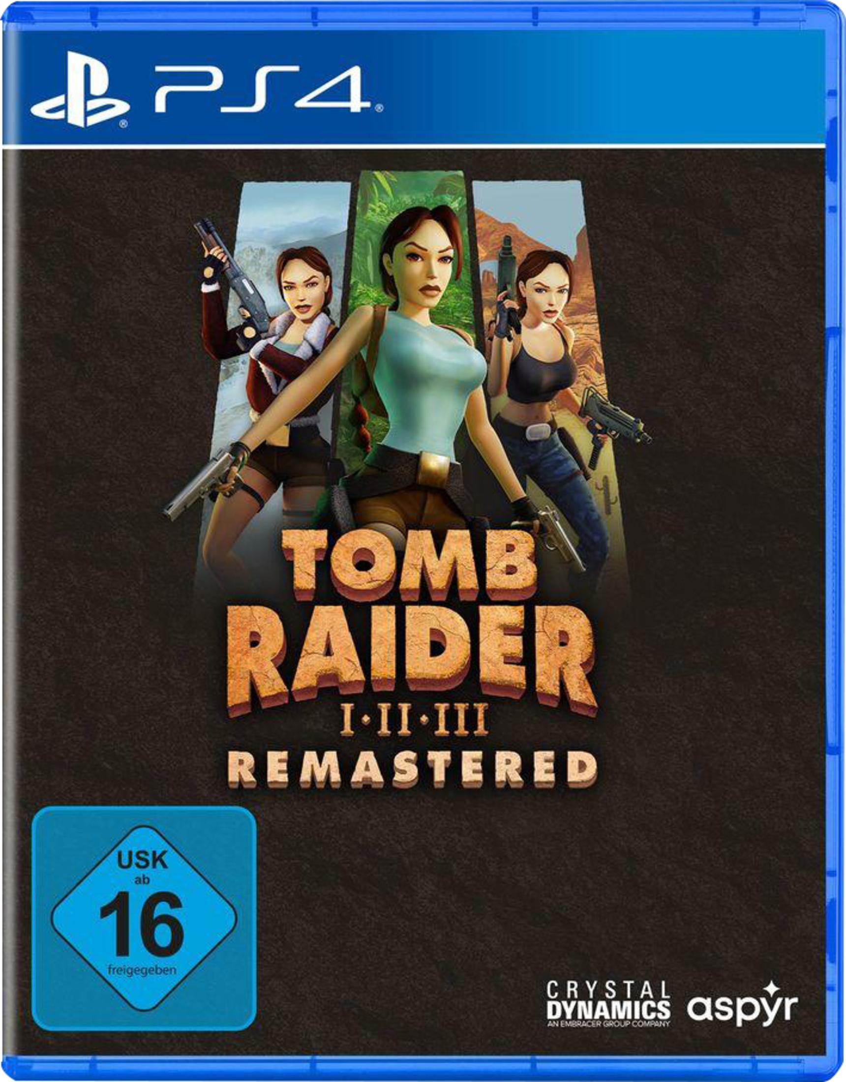 Copertina del gioco: Tre figure di Lara Croft con pistole, titolo 'Tomb Raider I-II-III Remastered' su PS4.