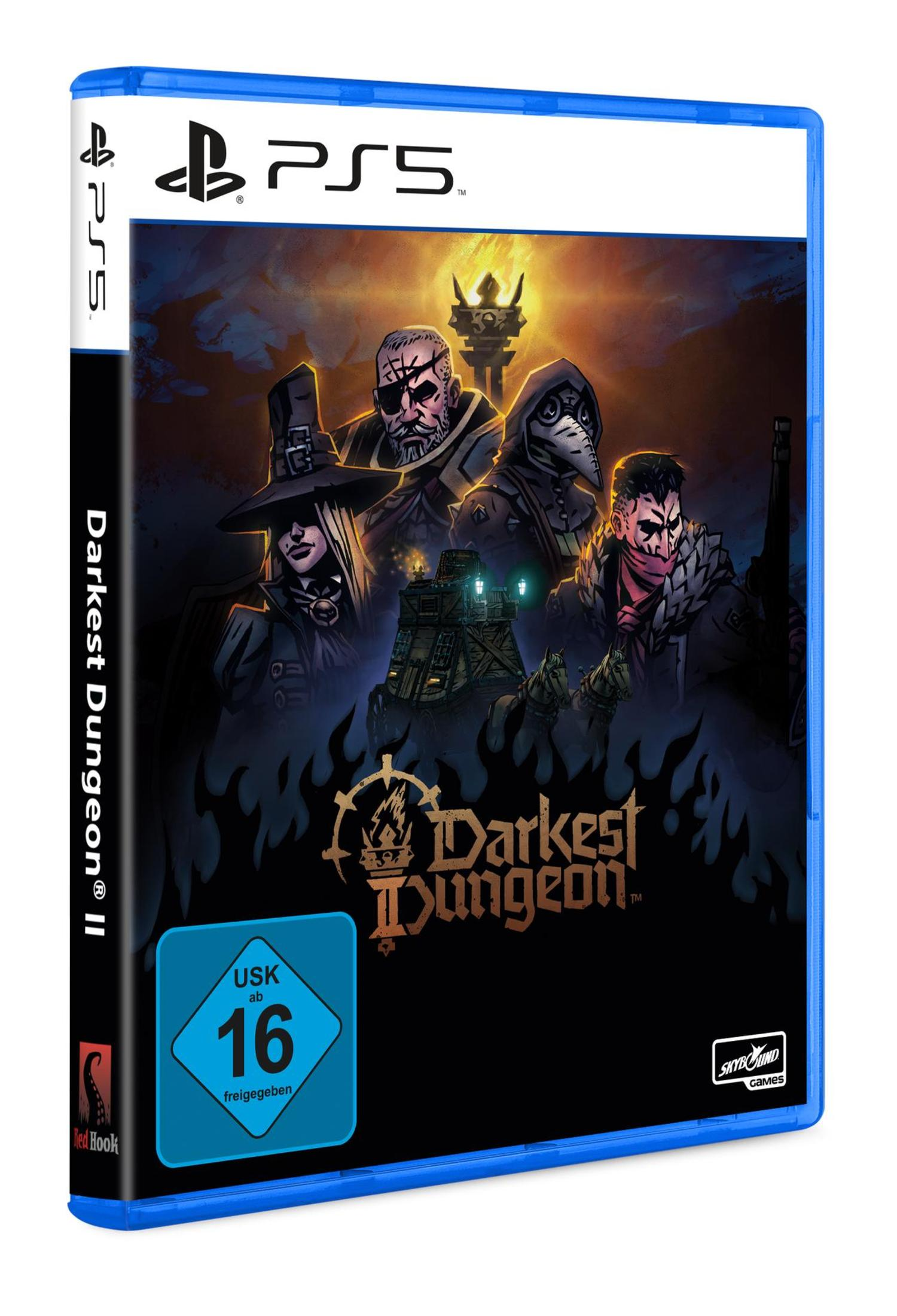 Spielcover zeigt Charaktere in dunkler Umgebung. Titel: Darkest Dungeon II.