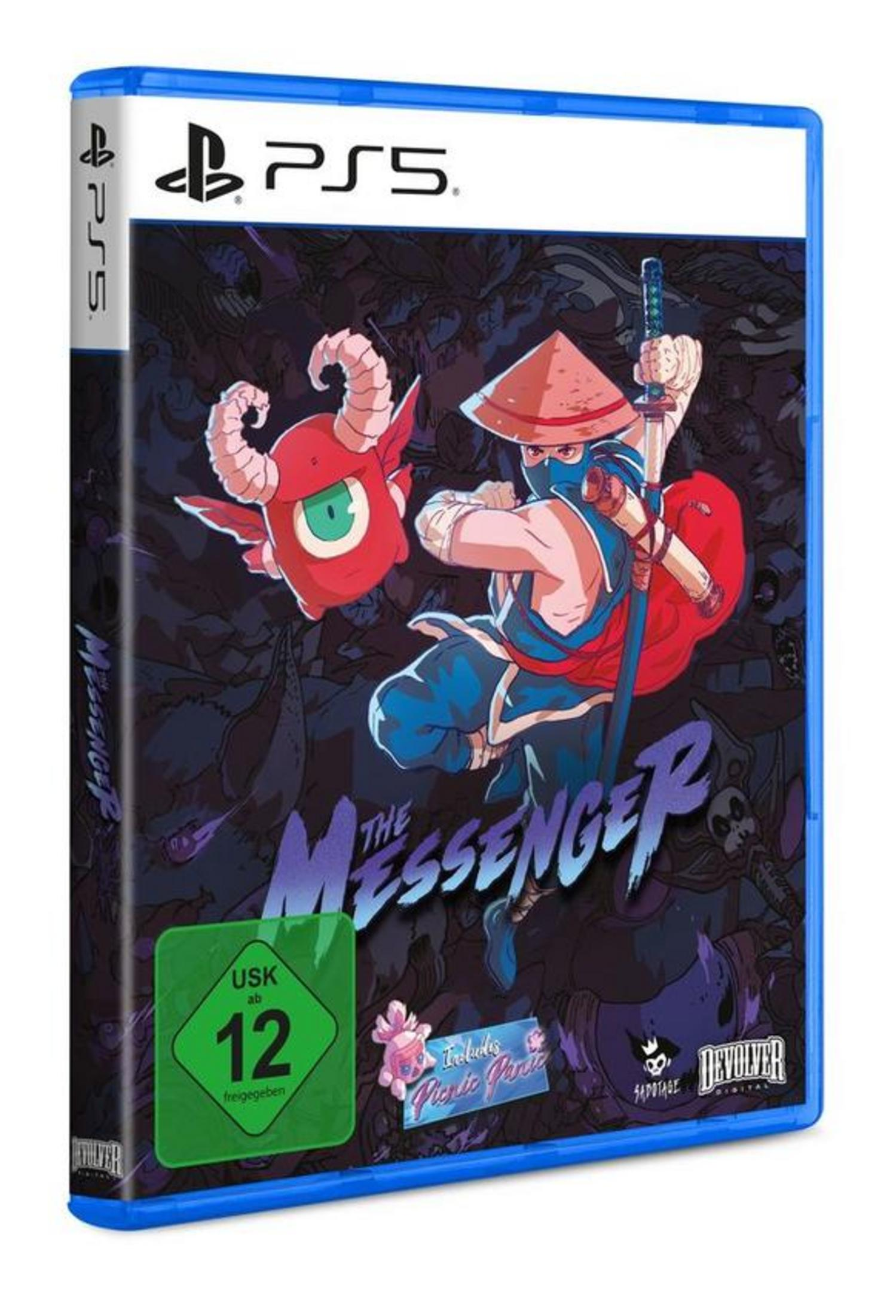 Spielcover: Ninja mit rotem Monster, Titel 'The Messenger' auf PS5-Hülle, stilisierte Kunst.