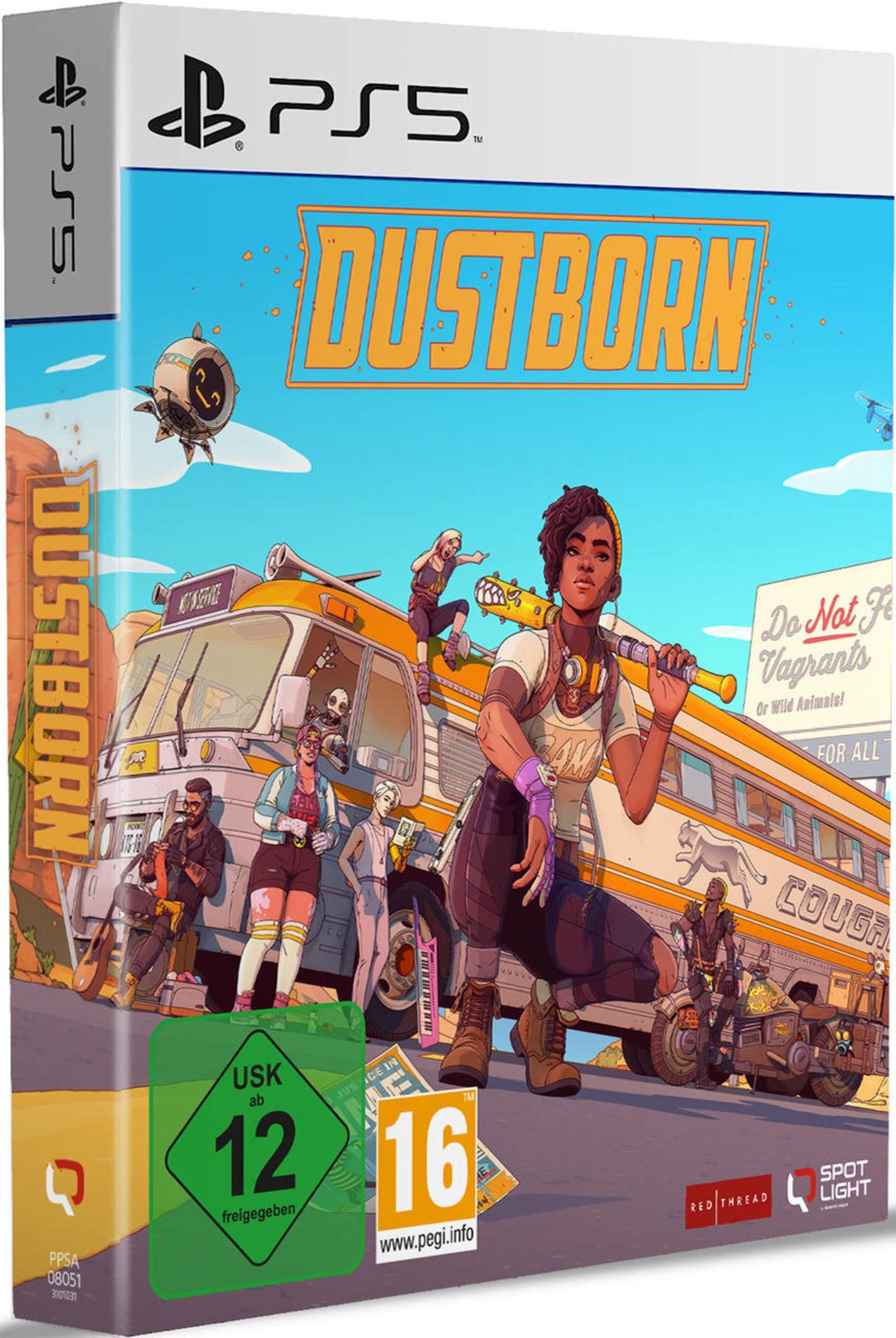 Dustborn PS5-Spielcover mit einer Gruppe von Leuten in einem Bus vor Wüstenhintergrund.