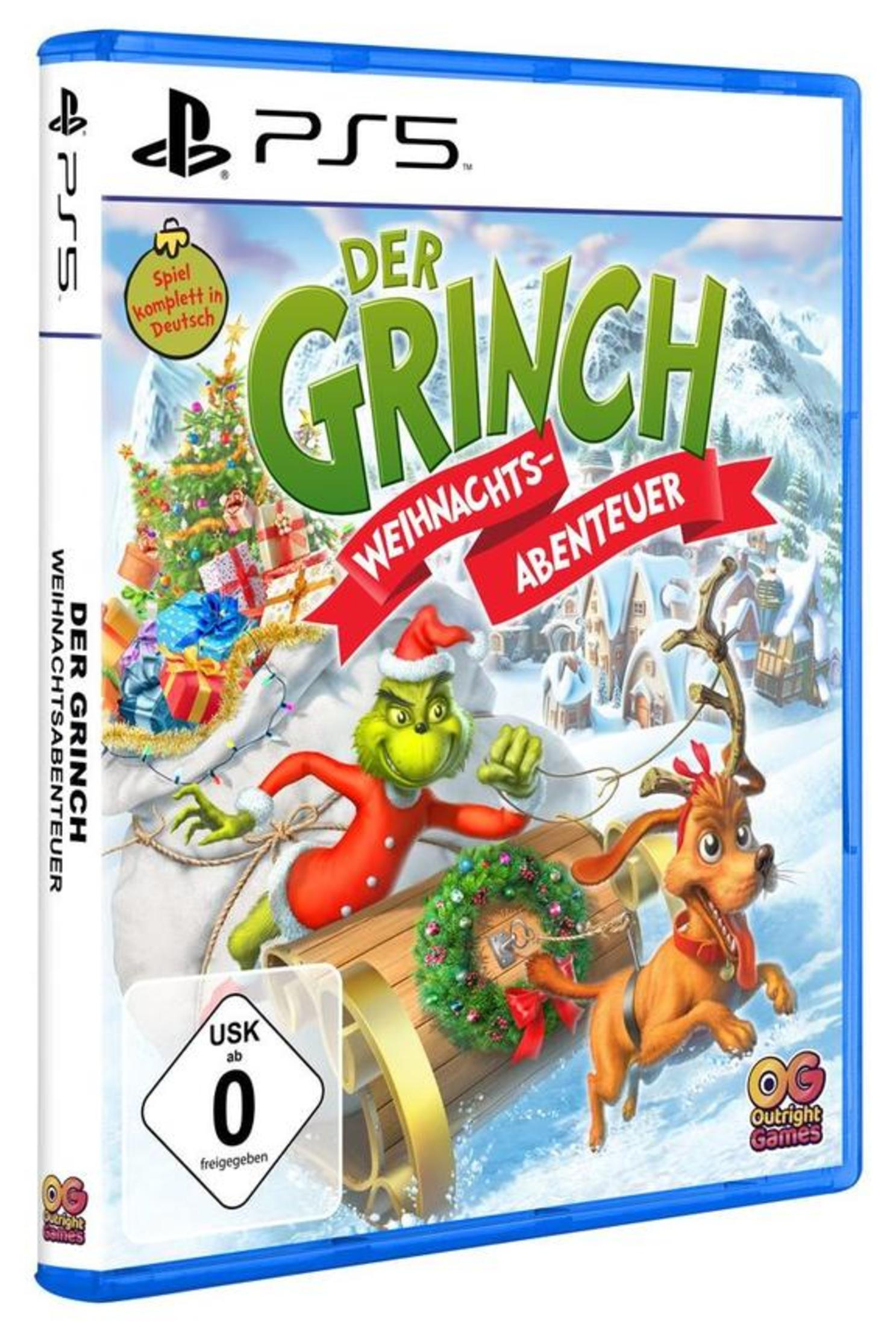 Der Grinch Weihnachts-Abenteuer PS5-Spielcover mit Grinch und Hund in einem verschneiten Dorf.
