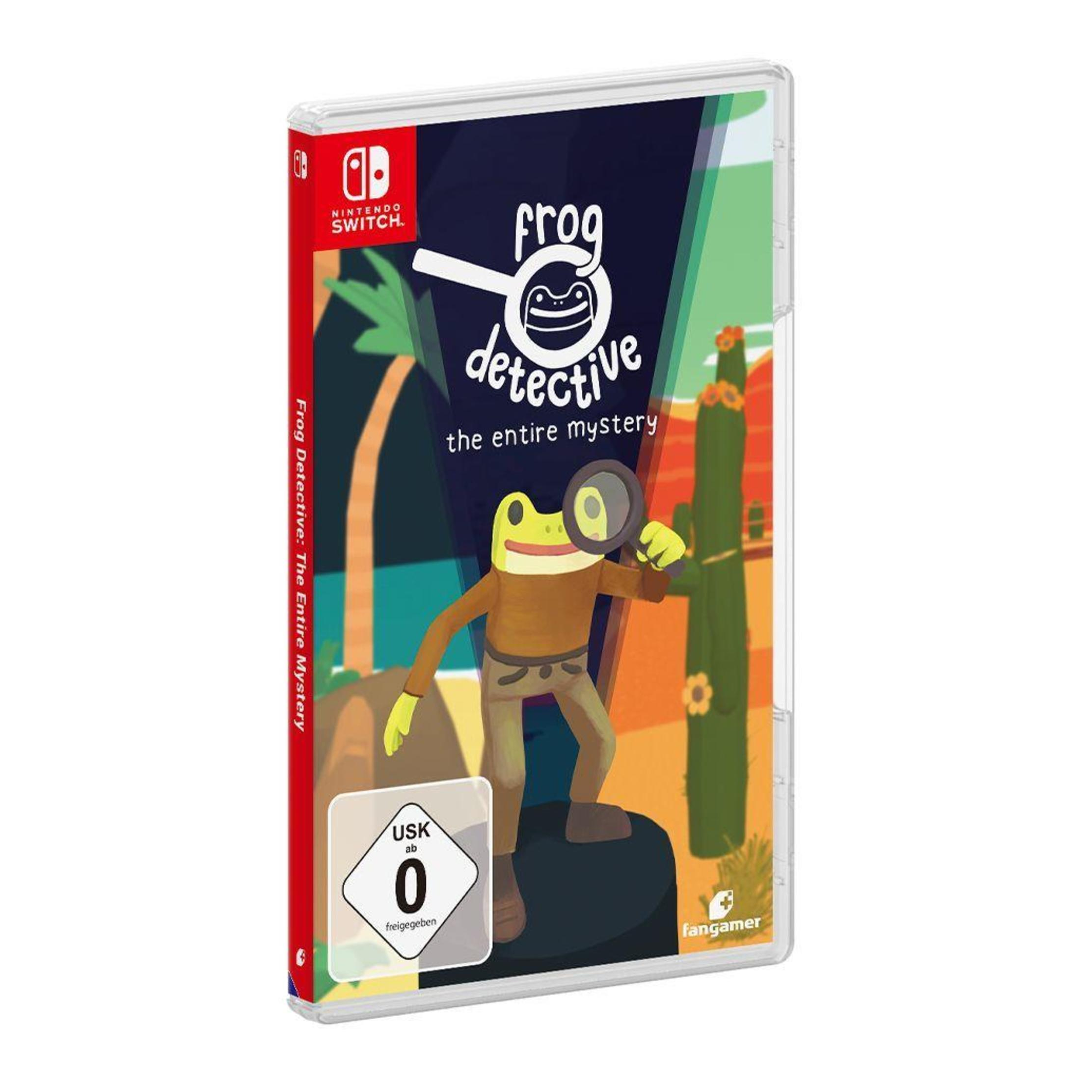Copertina del gioco: Un detective rana con una lente d'ingrandimento in una scena del deserto. Titolo: Frog Detective.