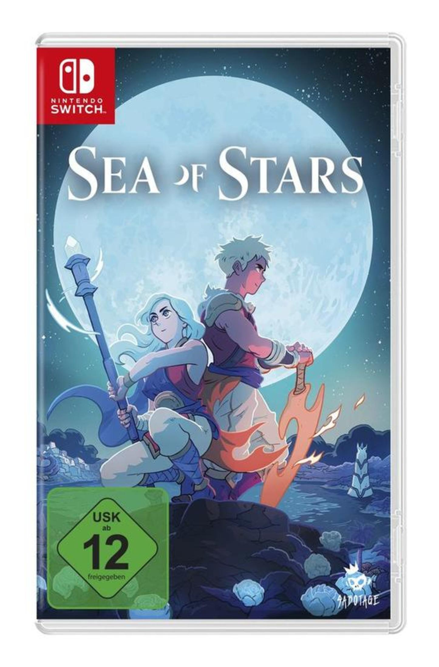 Spielcover: Zwei Charaktere stehen vor einem großen Mond. Titel: Sea of Stars.