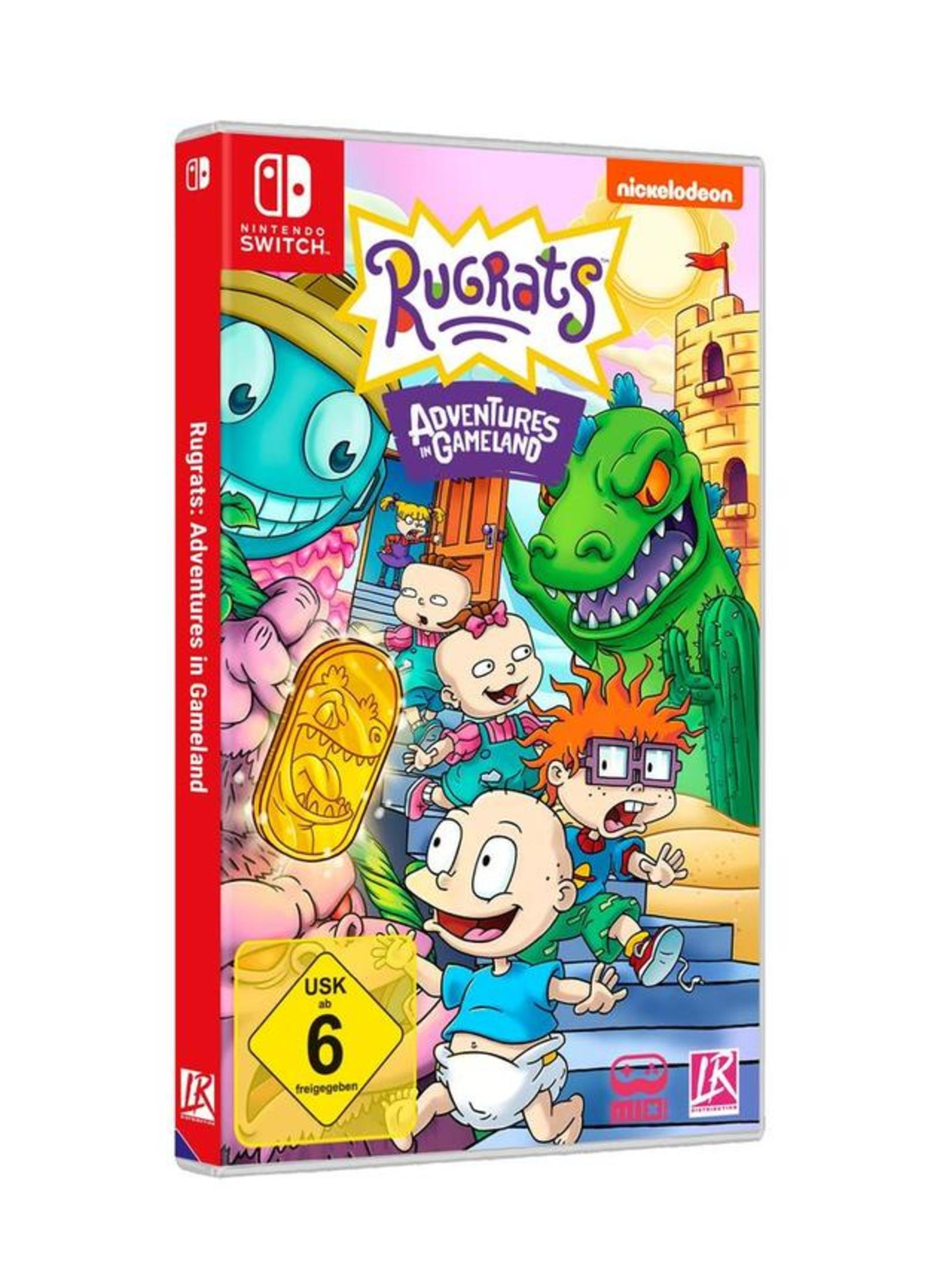 Copertina del gioco: Personaggi di Rugrats su sfondo rosso. Titolo: Rugrats Adventures in Gameland.