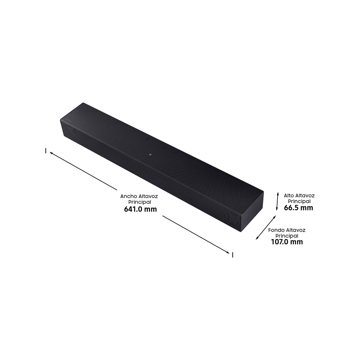 Se muestra una barra de sonido negra con dimensiones etiquetadas en milímetros sobre un fondo blanco.