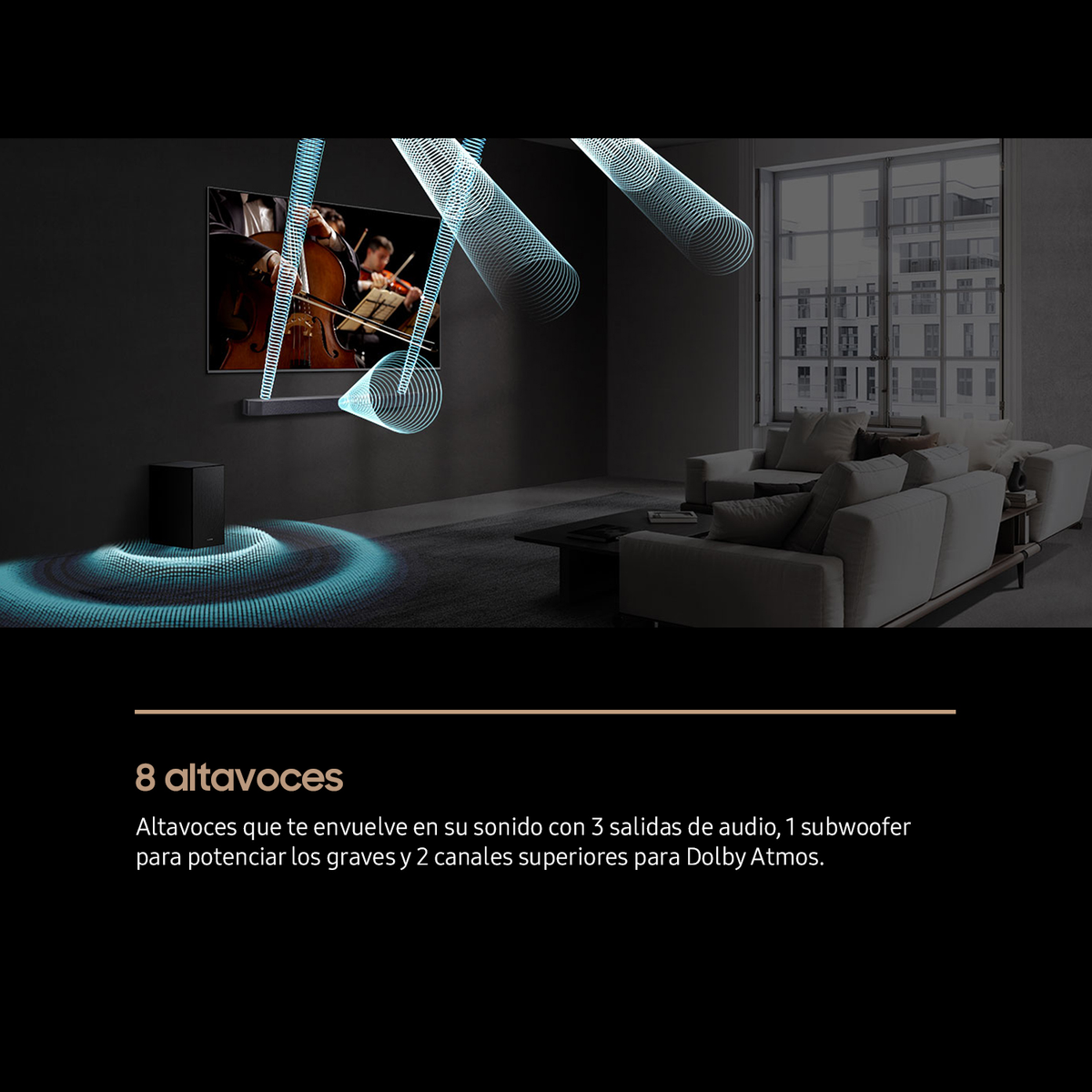 Ein Raum mit einem Fernseher, Subwoofer und Soundbar. Schallwellen werden von der Soundbar ausgegeben.