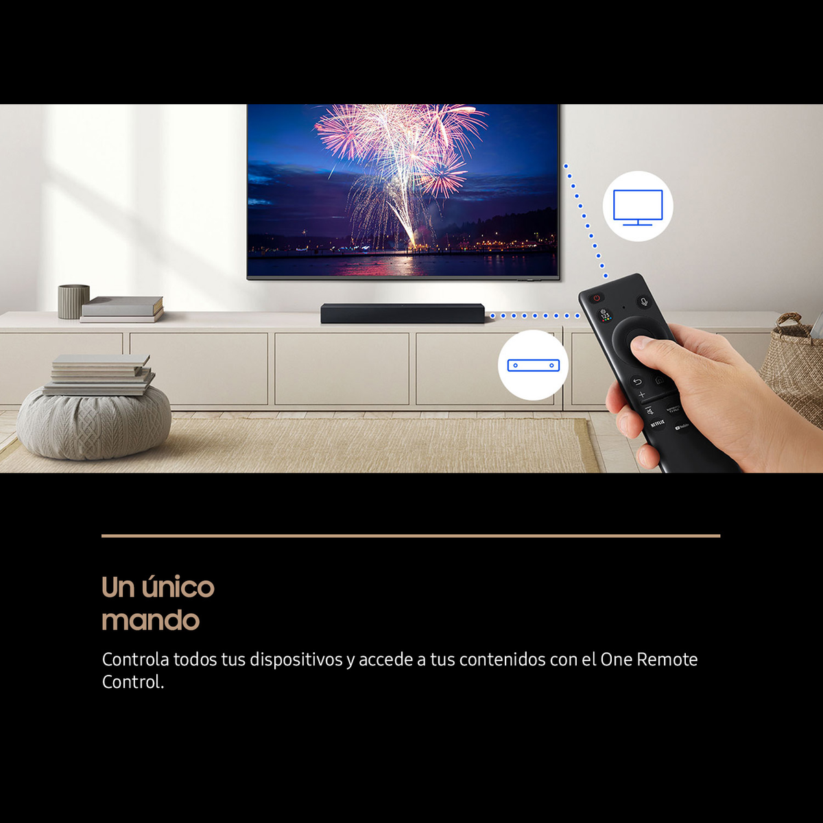 Una sala con TV y barra de sonido. Una mano con un mando controla el TV. Iconos representan la TV.