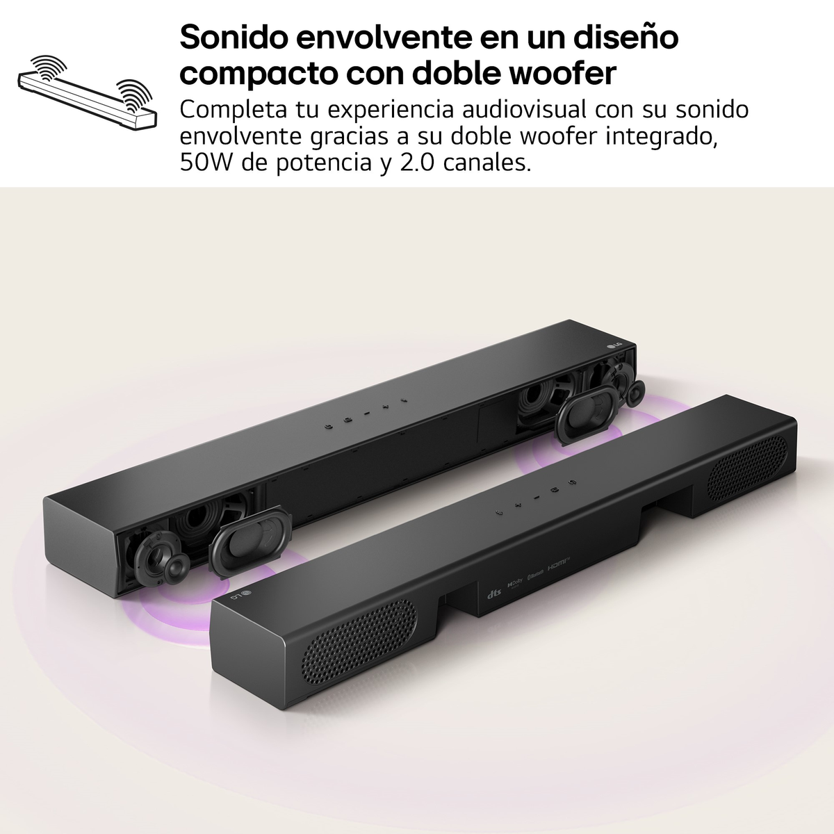 Twee zwarte soundbars worden weergegeven met hun interne componenten blootgelegd, waarmee hun compacte ontwerp wordt benadrukt.