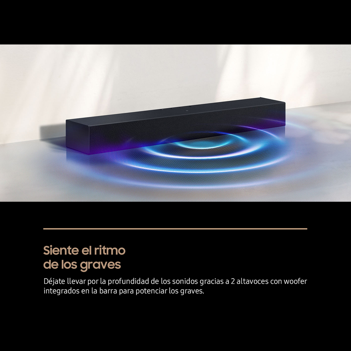 Se muestra una barra de sonido negra con ondas de sonido azules que emanan de ella, sobre un fondo degradado.