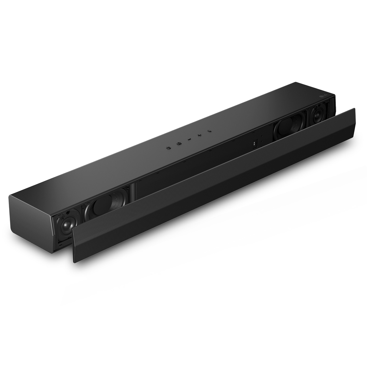 Een zwarte soundbar met het voorpaneel gedeeltelijk open, waardoor luidsprekers zichtbaar worden, op een witte achtergrond.