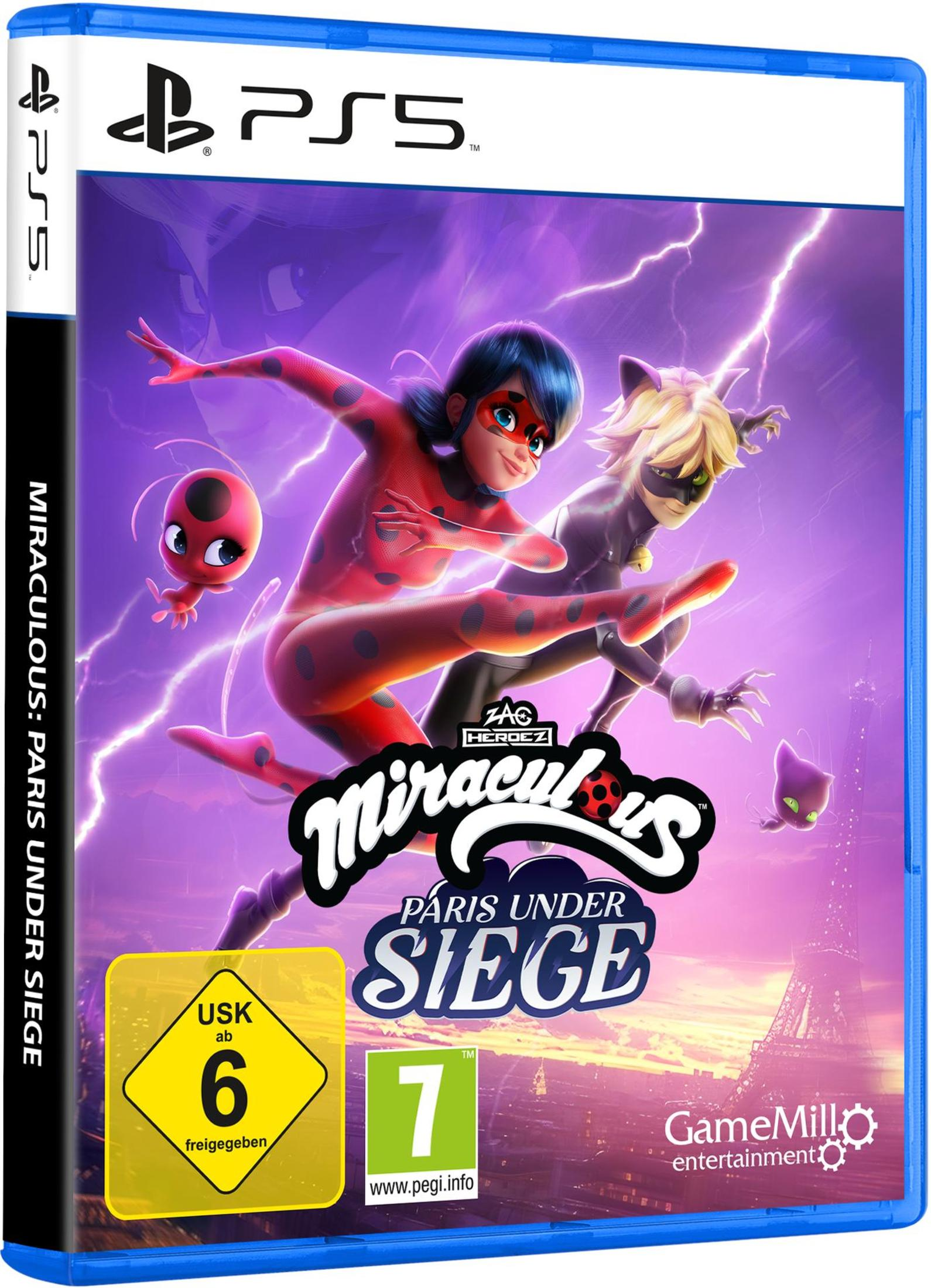 Miraculous-Spielbox-Art, mit Ladybug und Cat Noir, die nach vorne springen, mit lila Himmels Hintergrund.