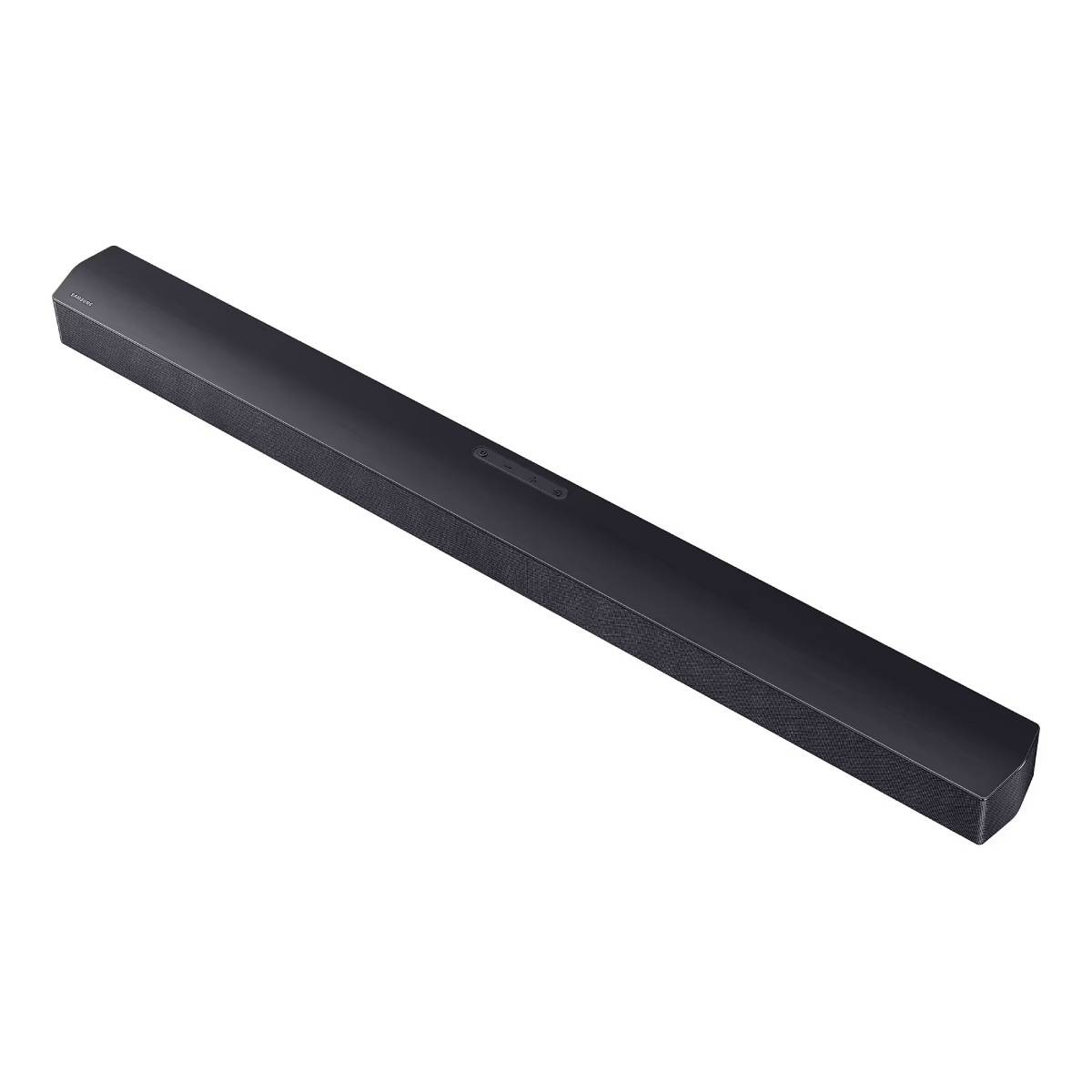 Een donkere soundbar, iets schuin. Hij is lang en rechthoekig, met een textuur. Witte achtergrond.
