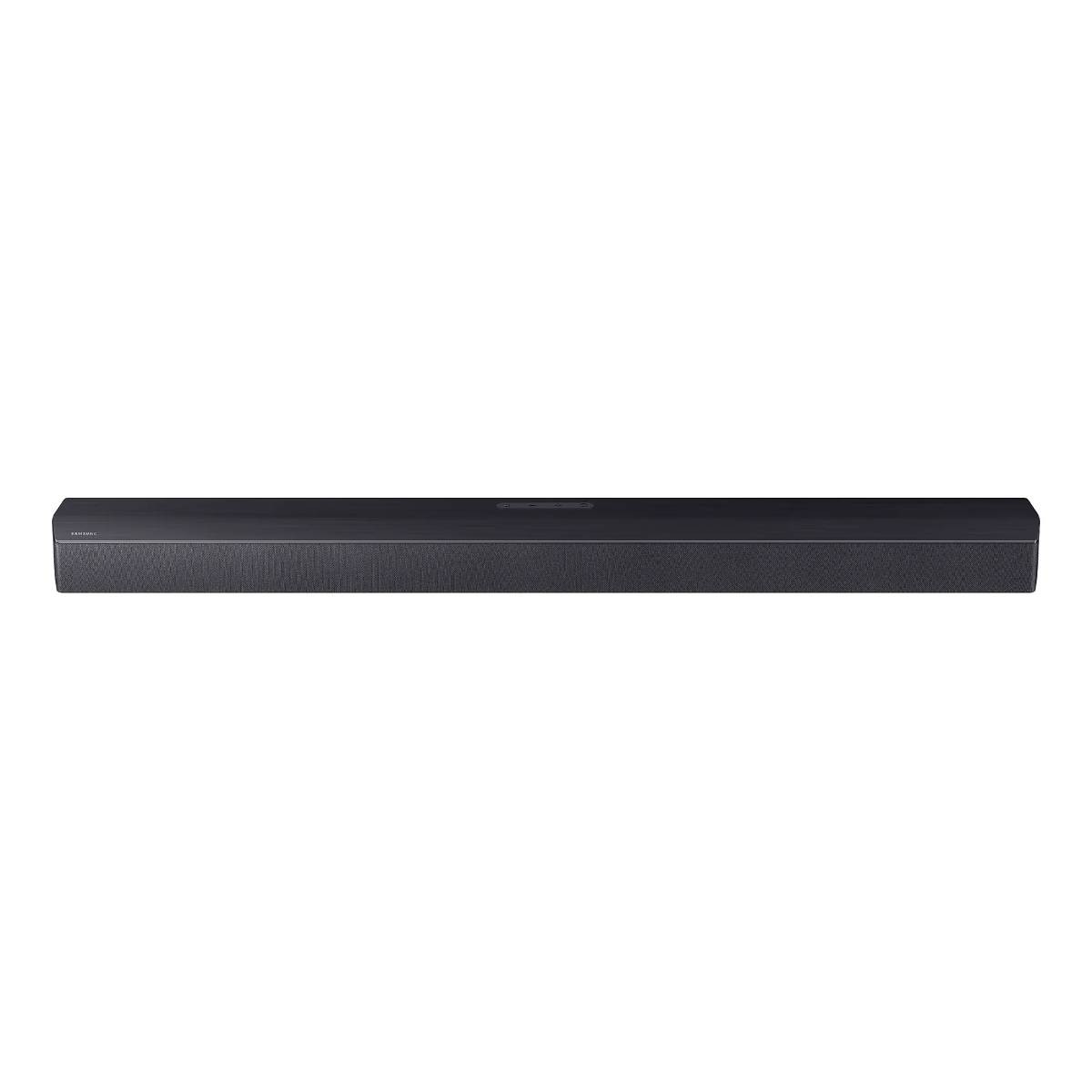 Lange, zwarte soundbar op wit. Minimaal ontwerp, waarschijnlijk voor onder een tv. Geen zichtbare knoppen of functies.