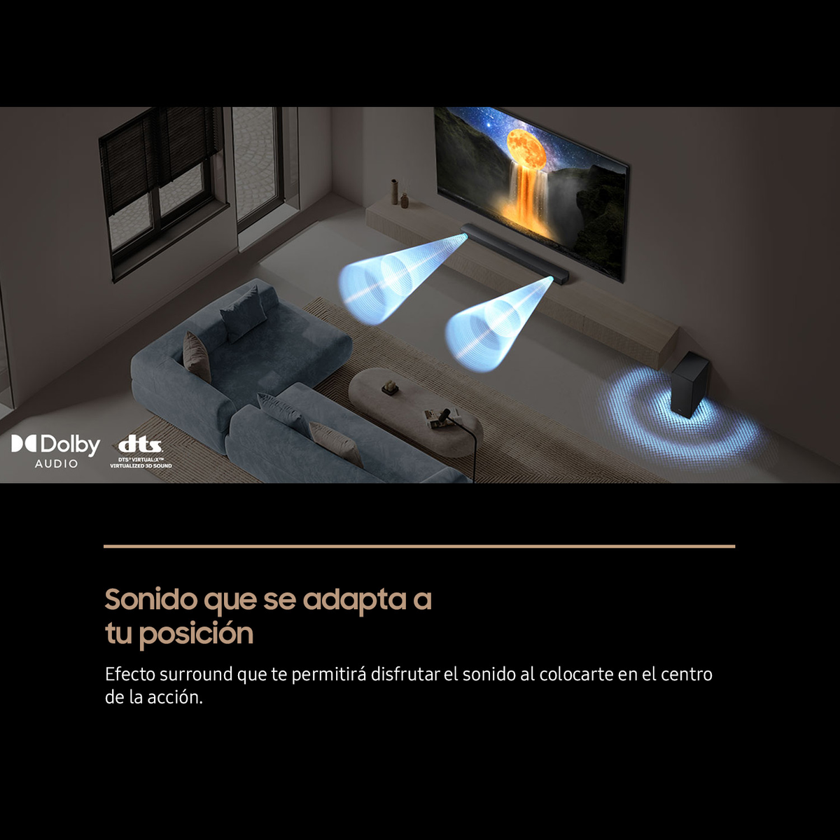 Salón con TV y barra de sonido. Rayos de luz azul emanan de la barra de sonido.