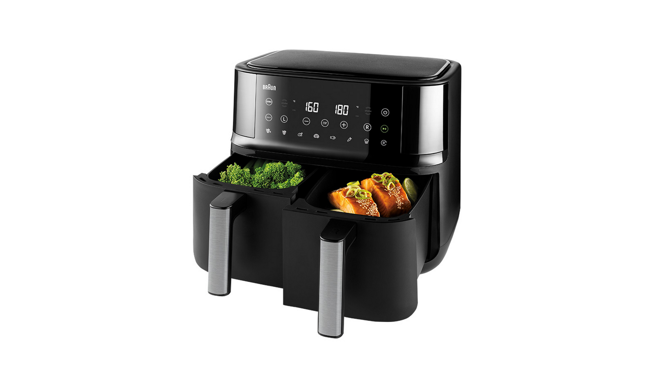 Zwarte airfryer met twee compartimenten. Elk compartiment bevat verschillende voedingsmiddelen.