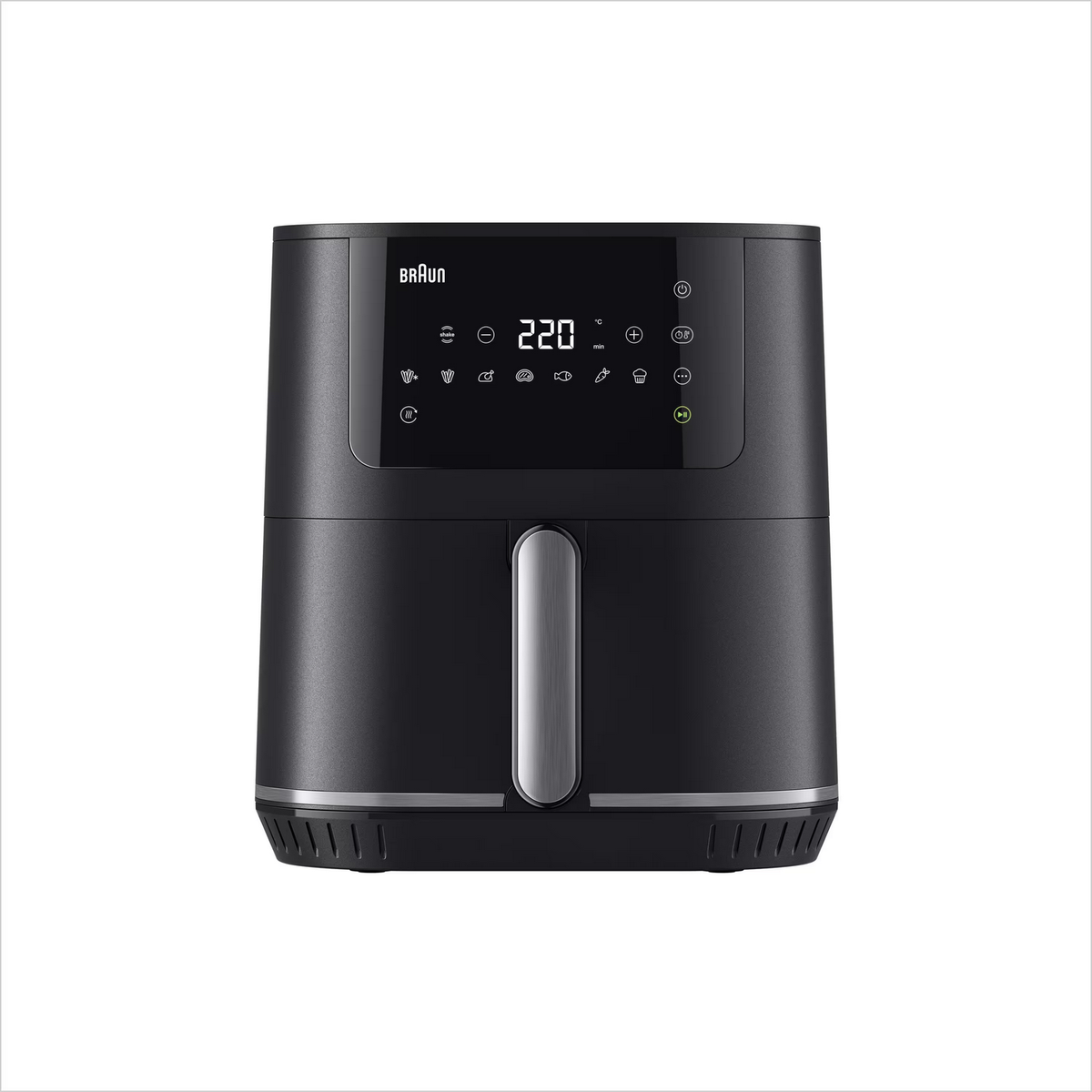 Czarna frytkownica powietrzna z cyfrowym wyświetlaczem. Wyświetlacz pokazuje temperaturę i ustawienia.