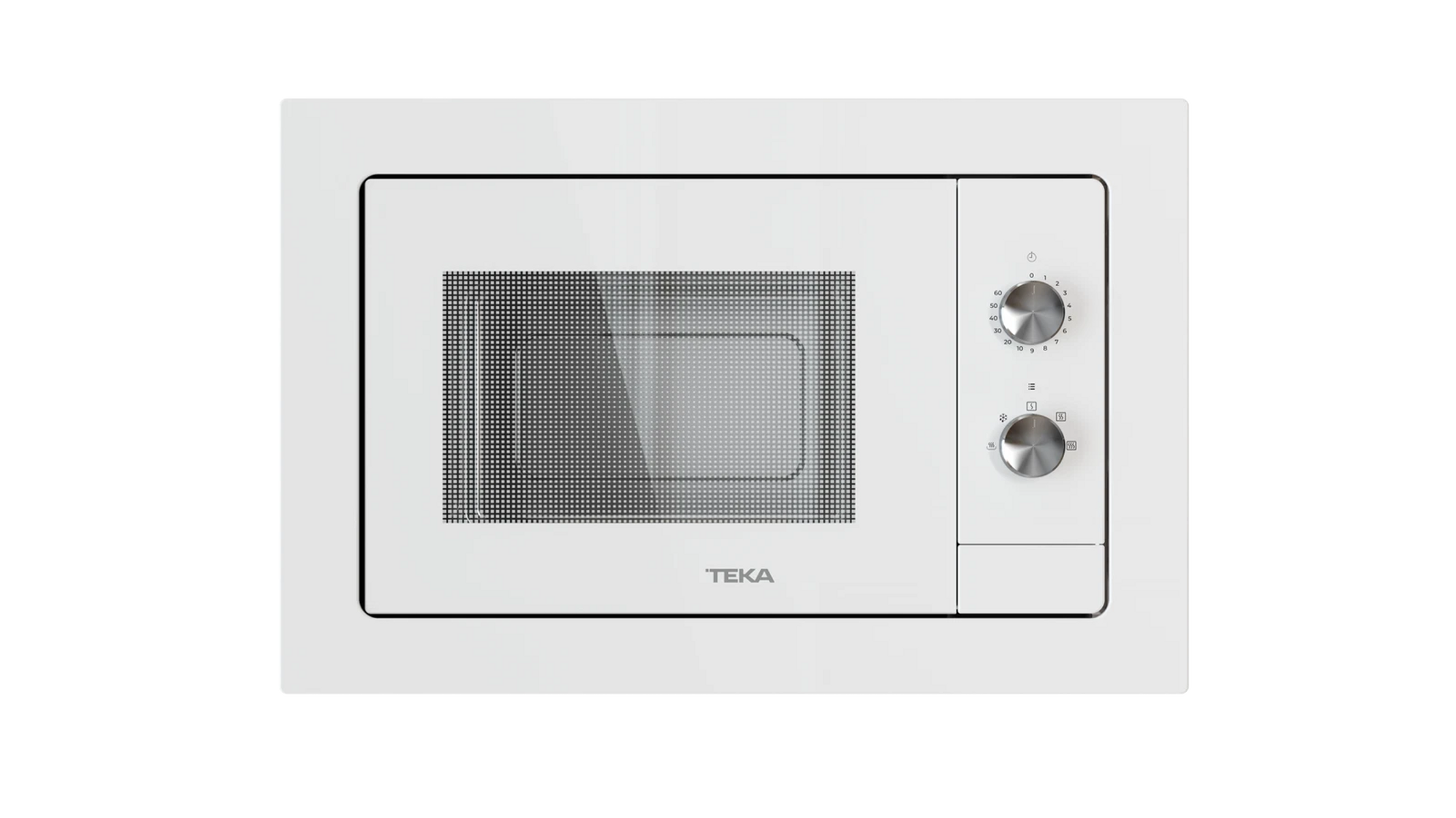 Biała kuchenka mikrofalowa ze szklanymi drzwiami i pokrętłami. Marka TEKA.