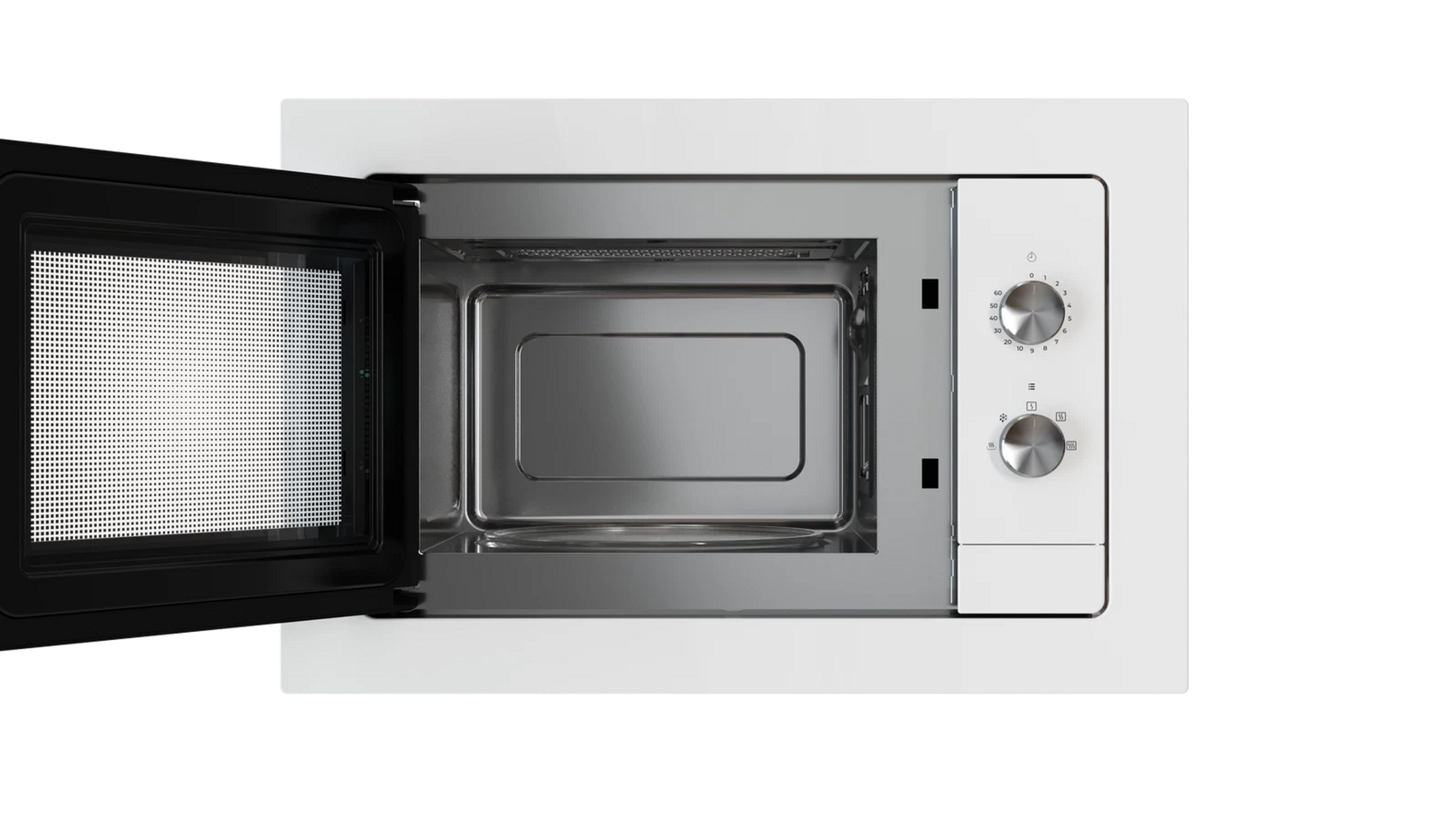 Otwarta biała kuchenka mikrofalowa pokazująca wnętrze. Panel sterowania znajduje się po prawej stronie.