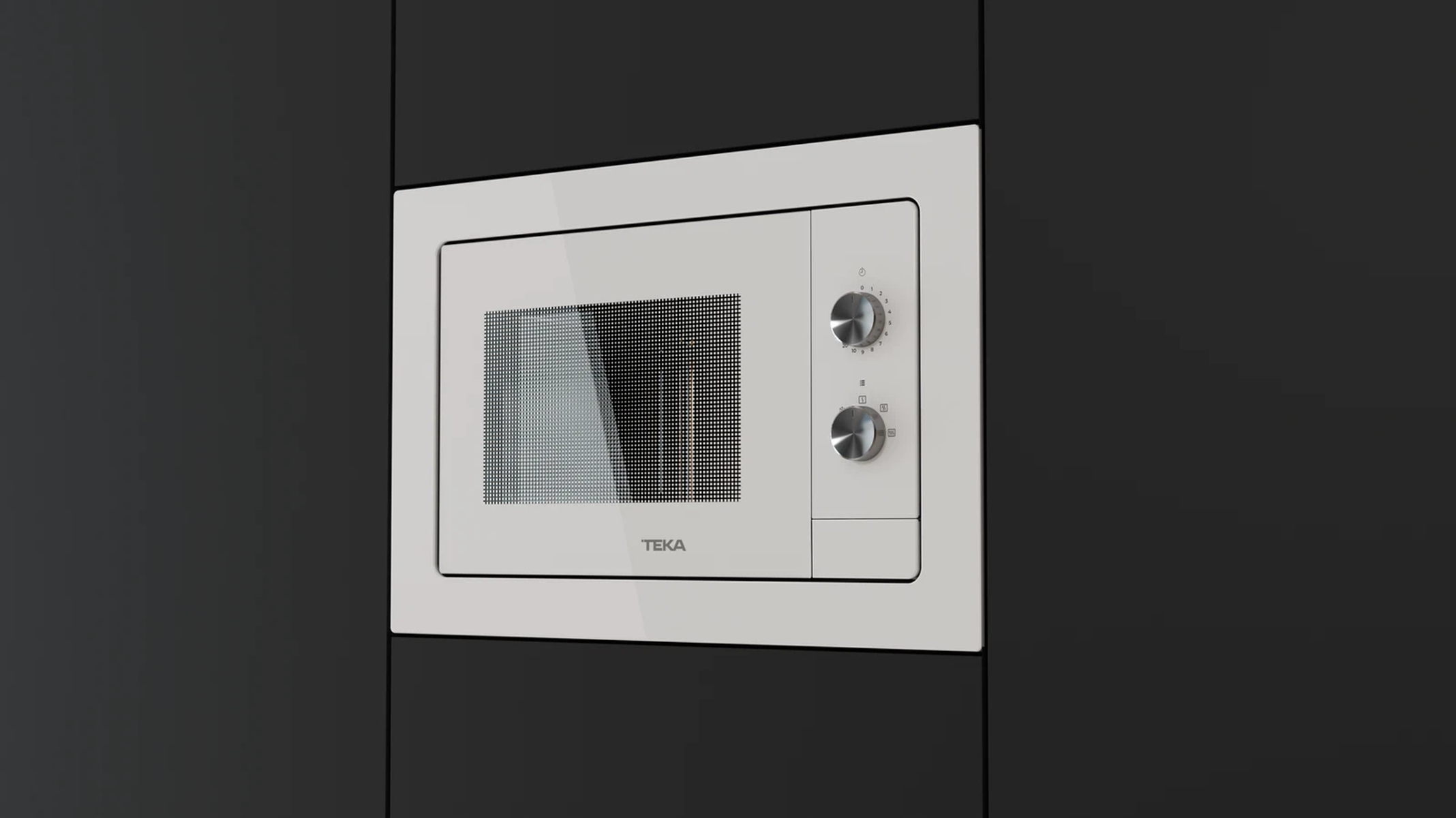 Kuchenka mikrofalowa z dwoma pokrętłami i szklanymi drzwiami. Białe urządzenie. Czarna rama.