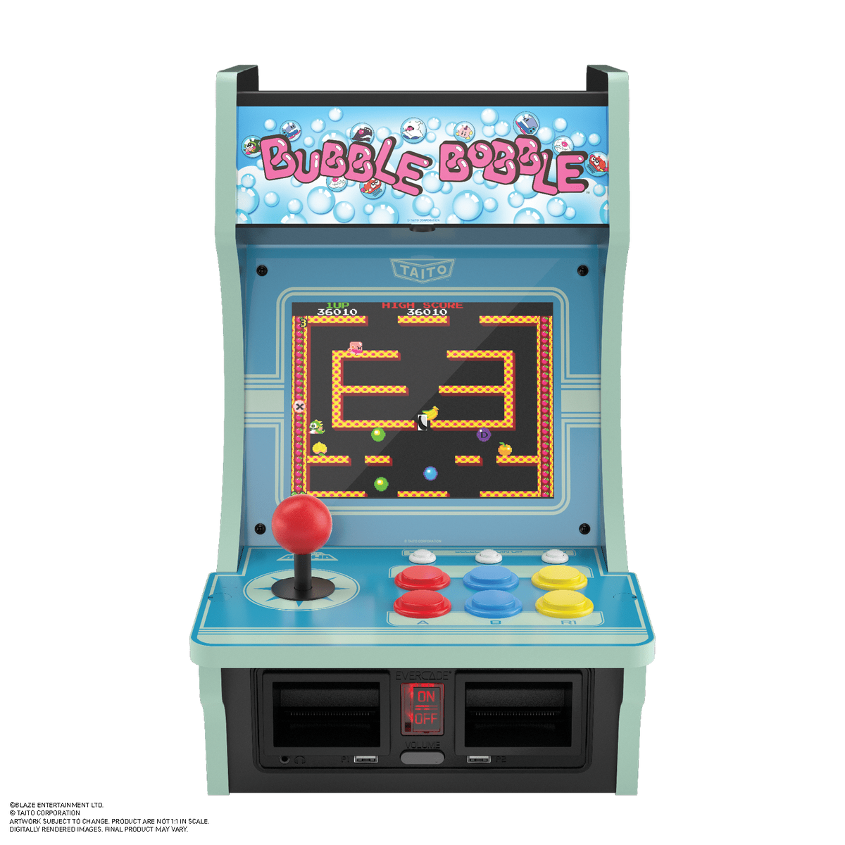 Mini gra arkadowa. Niebieska, z Bubble Bobble na górze. Czerwony joystick, przyciski i ekran.